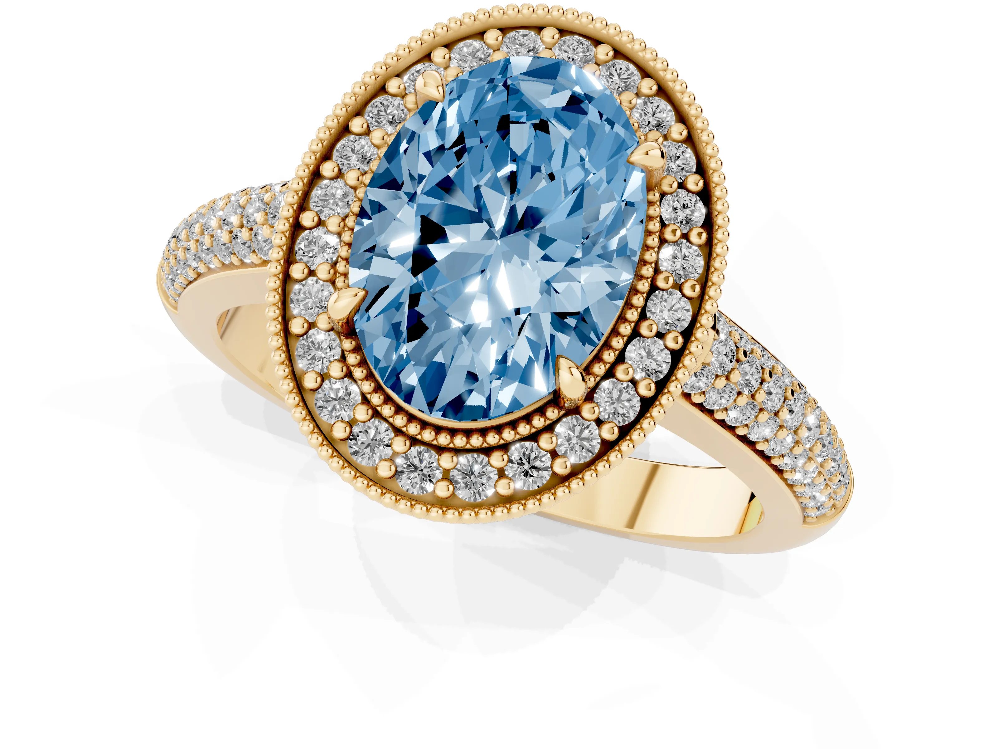 Fancy Blue Oval Cut Diamond Halo Pavé Band Set in Yellow gold with Prong Setting
