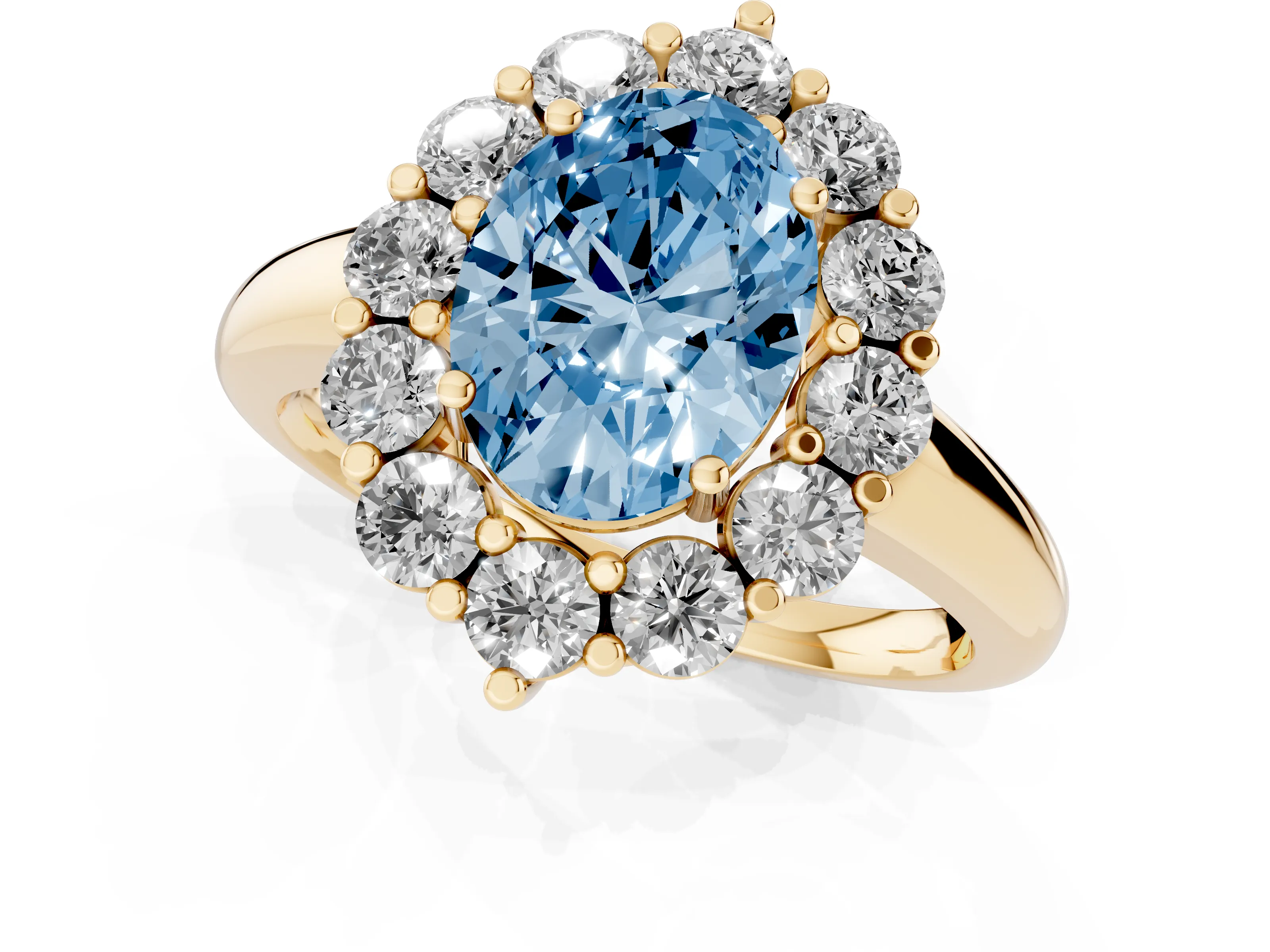 Fancy Blue Oval Cut Diamond Halo Cluster Engagement Ring Set in Yellow gold with Polished Band and Prong Setting