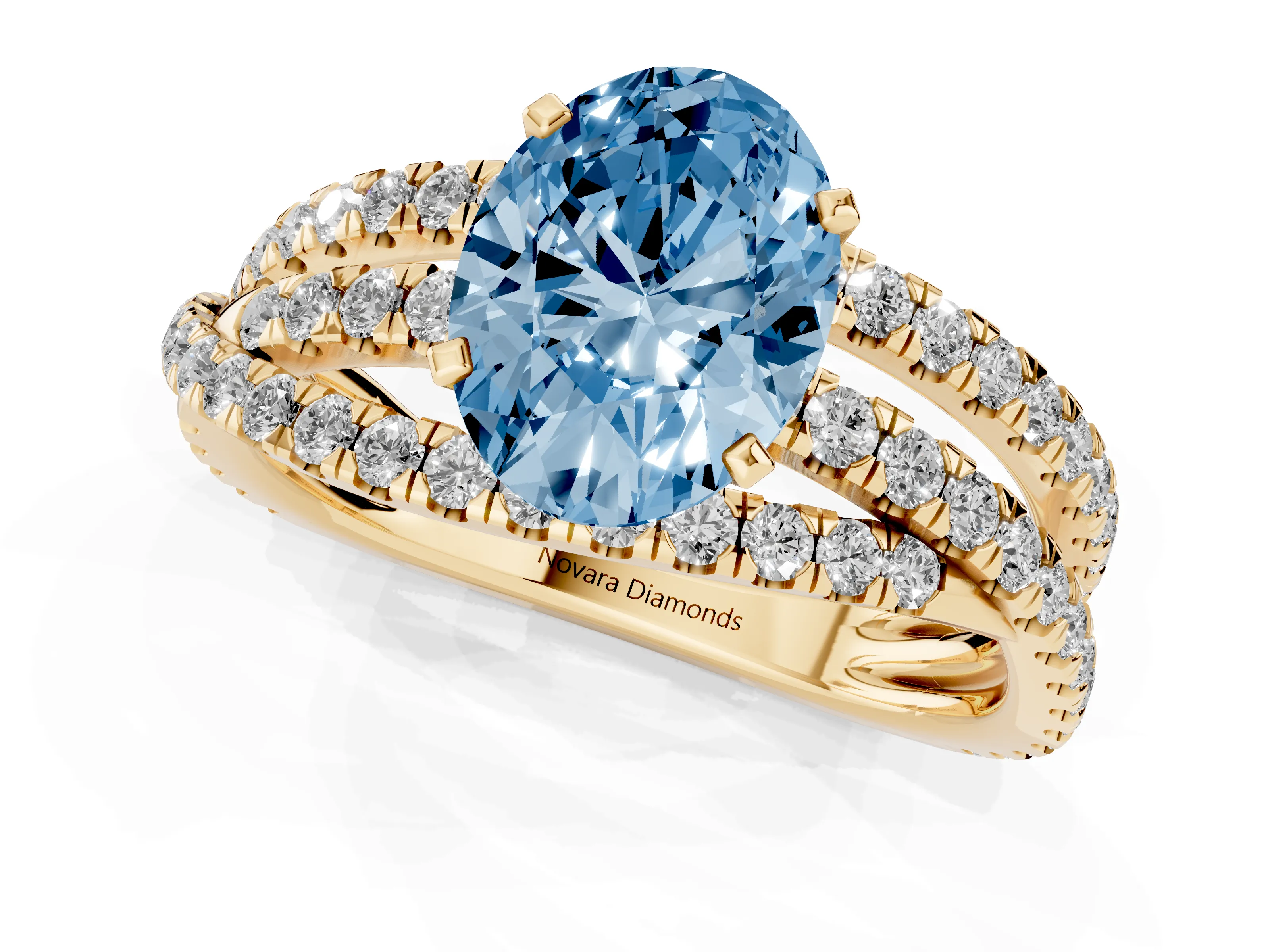 Fancy Blue Oval Cut Diamond Solitaire Twist Band Ring Set in Yellow gold with Pavé Setting and Prong Head