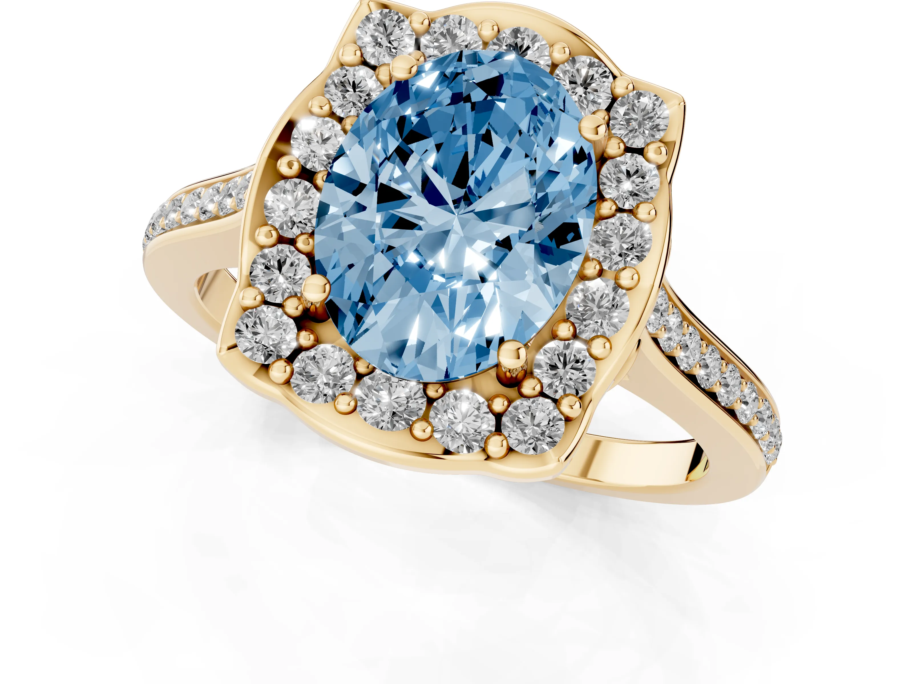 Fancy Blue Oval Cut Diamond Halo Ring Set in Yellow gold with Pavé-Lined Shoulders and Prong Setting