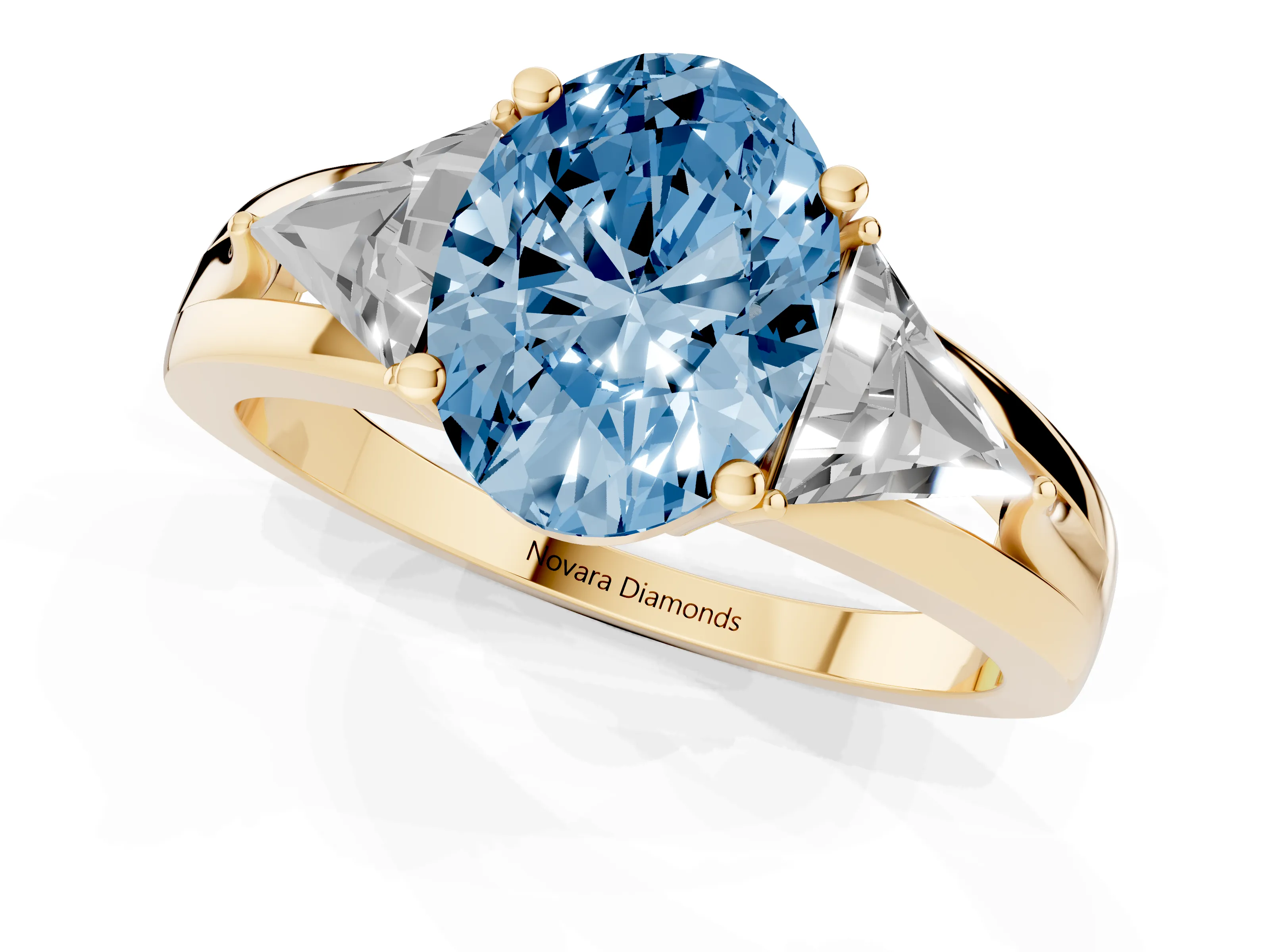 Fancy Blue Oval Cut Diamond Three-Stone Ring Set in Yellow gold with Trillion Side Stones and Split Shank