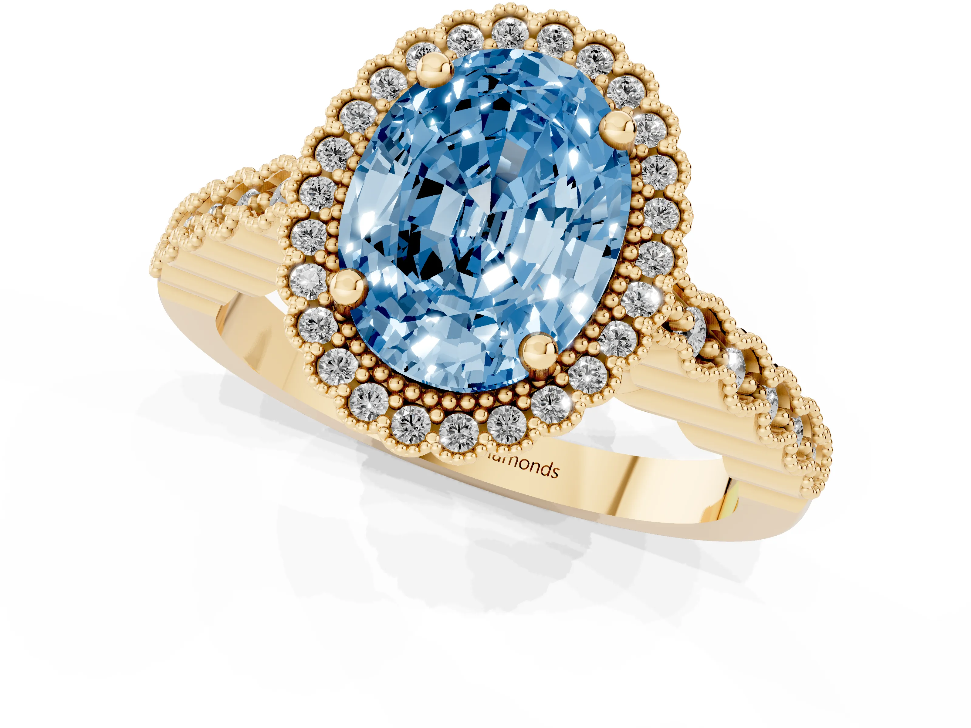 Fancy Blue Oval Cut Diamond Halo Ring Set in Yellow gold with Pavé Milgrain Band