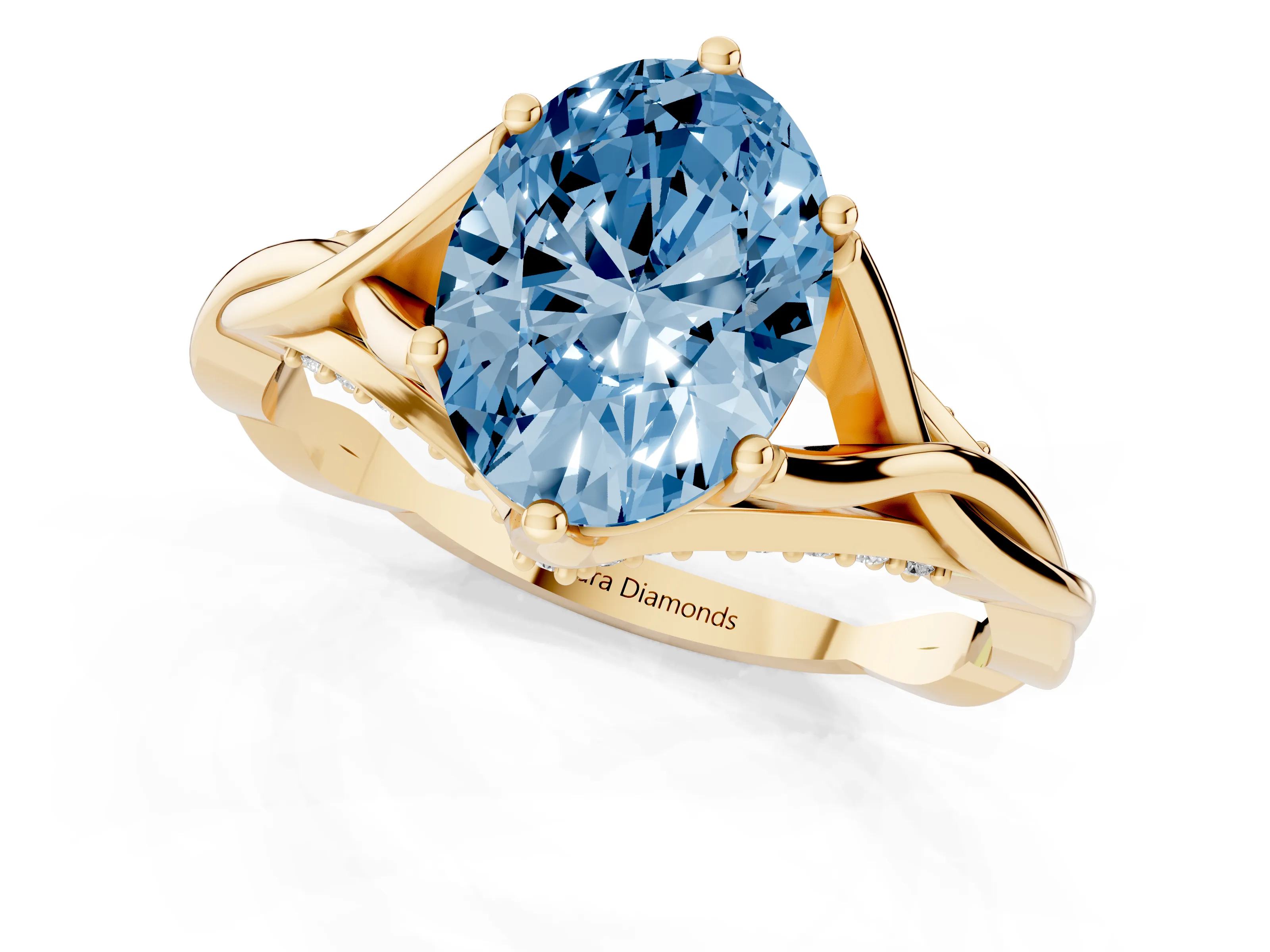 Fancy Blue Oval Cut Diamond Intertwined Twist Band Solitaire Ring Set in Yellow gold with Prong Setting