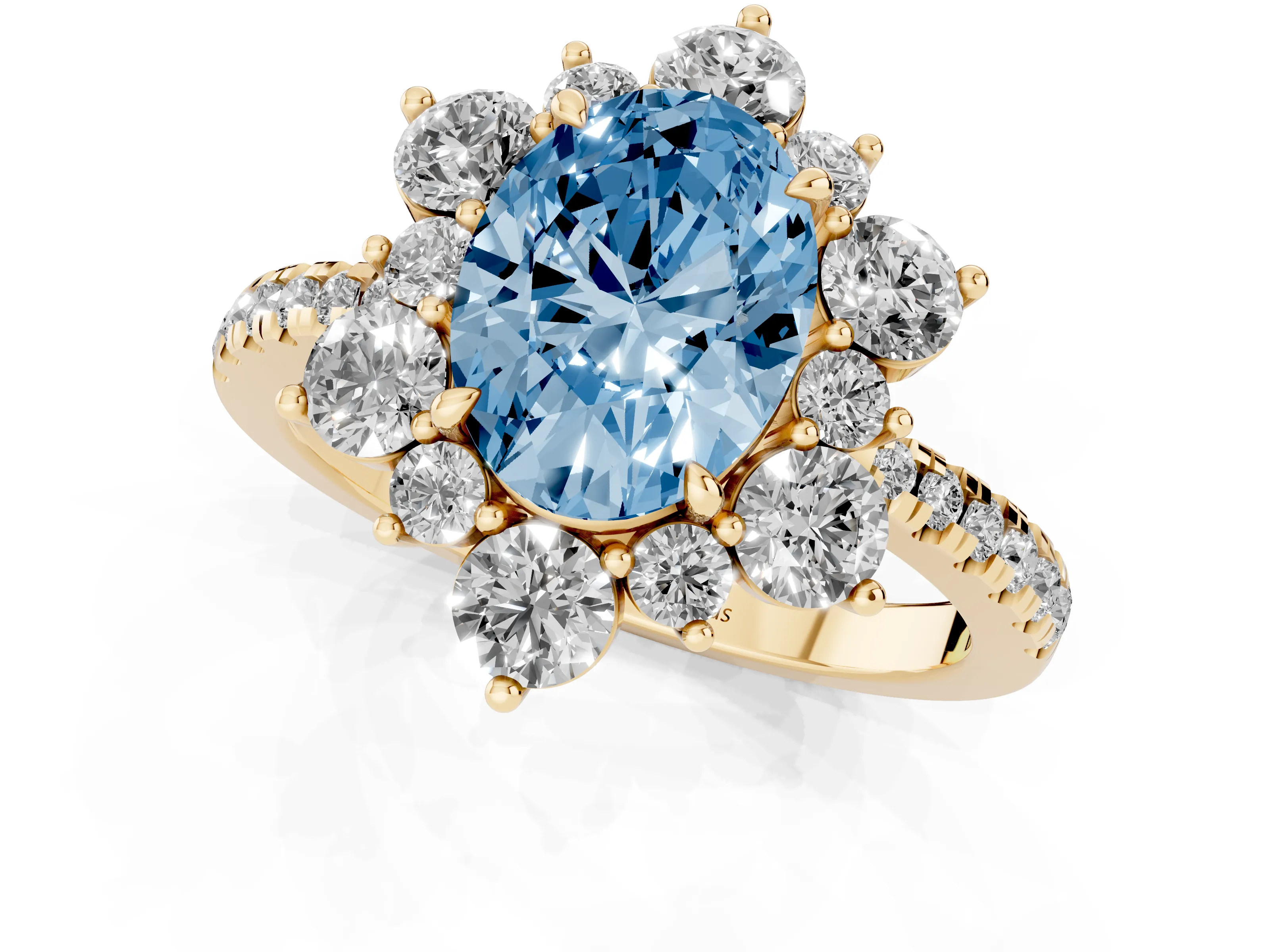 Fancy Blue Oval Cut Diamond Floral Halo Ring Set in Yellow gold with Round Pavé Band and Prong Setting