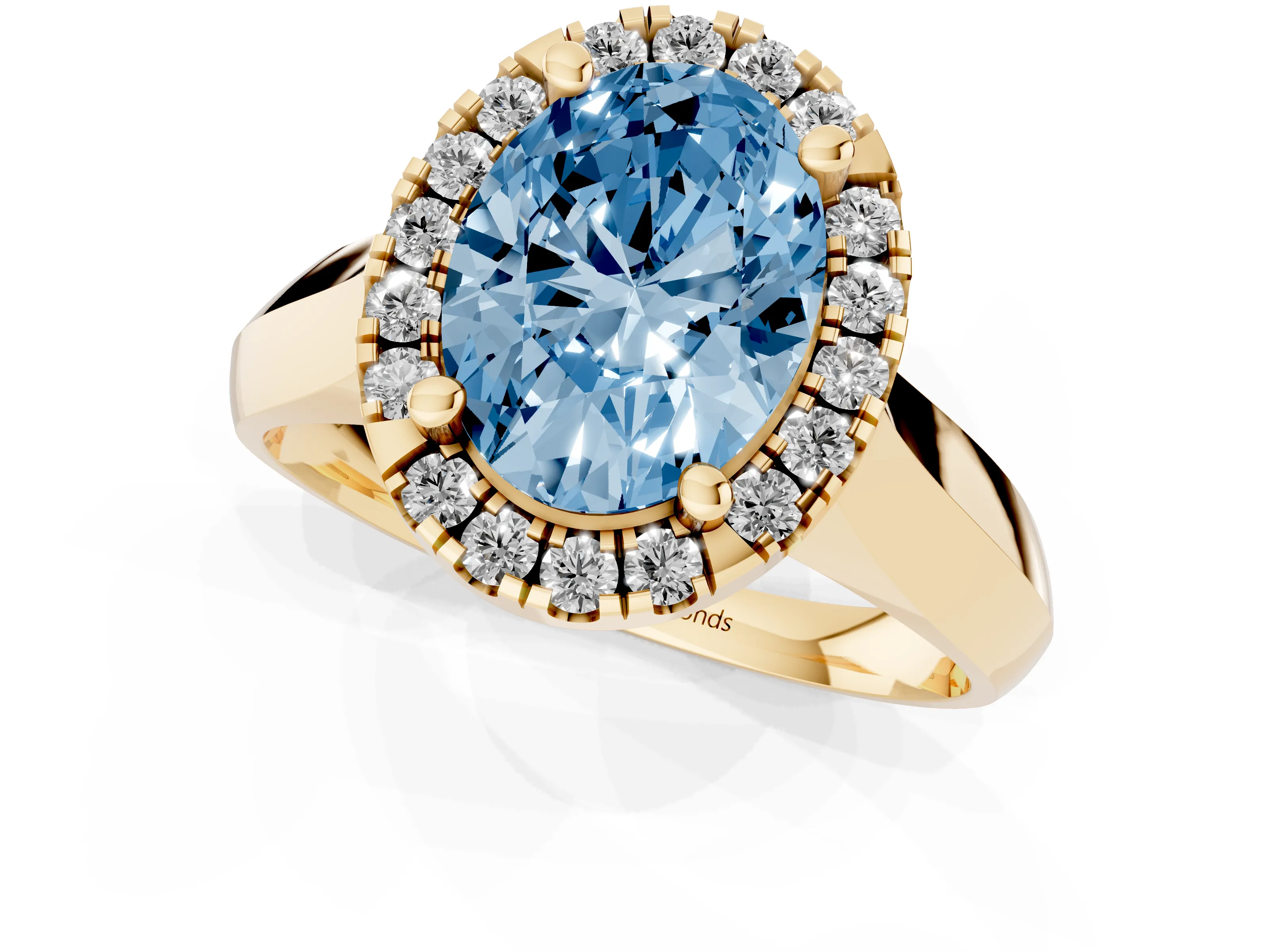Fancy Blue Oval Cut Diamond Halo Solitaire Engagement Ring Set in Yellow gold with Square Band and Prong Setting