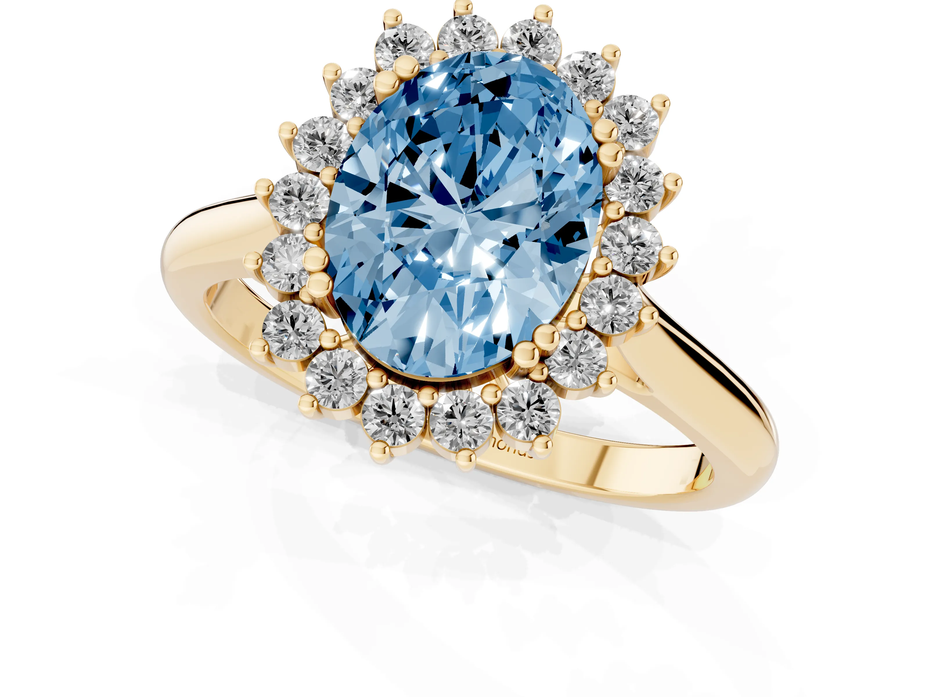 Fancy Blue Oval Cut Diamond Halo Ring Set in Yellow gold with Plain Solitaire Band and Prong Setting