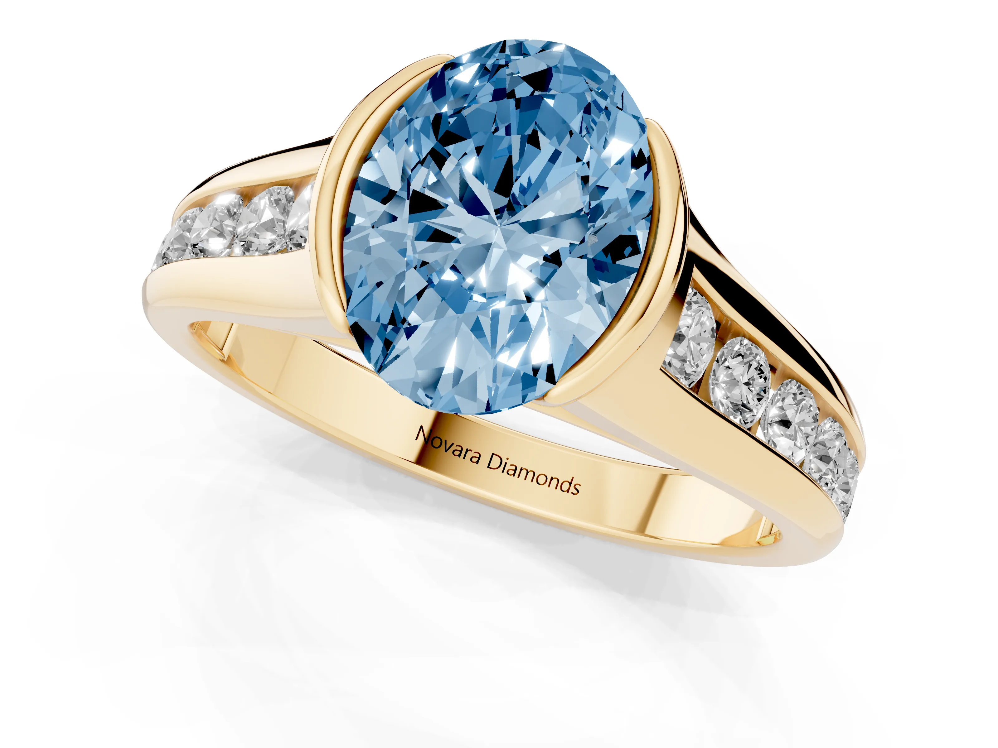 Fancy Blue Oval Cut Diamond Bezel-Set Solitaire Ring Set in Yellow gold with Channel-Set Band
