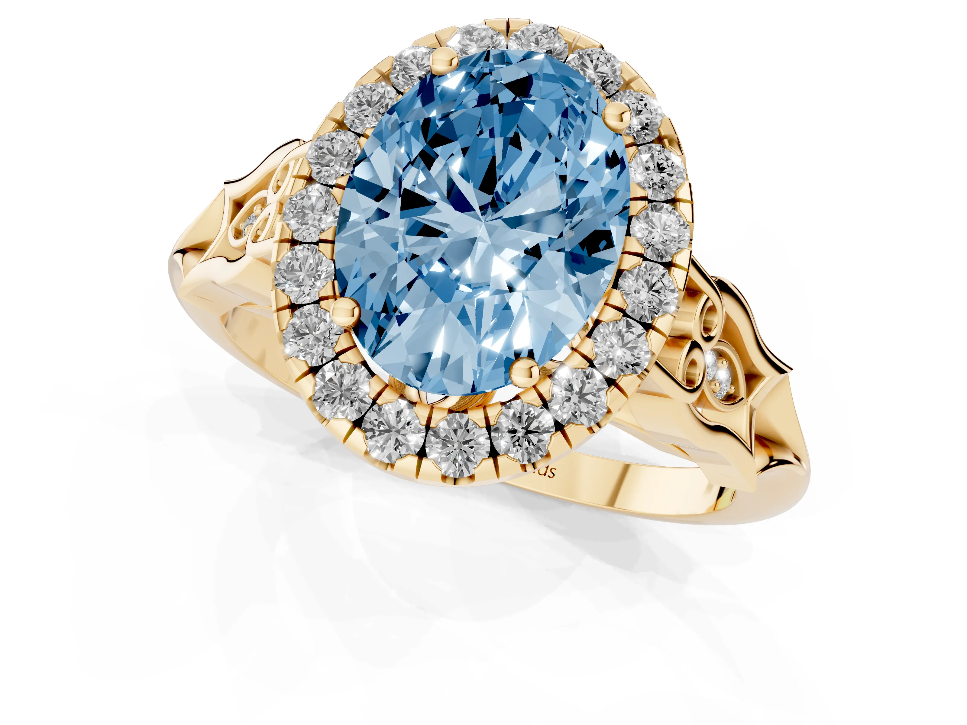Fancy Blue Oval Cut Diamond Halo Engagement Ring Set in Yellow gold with Filigree Band and Prong-Set Center