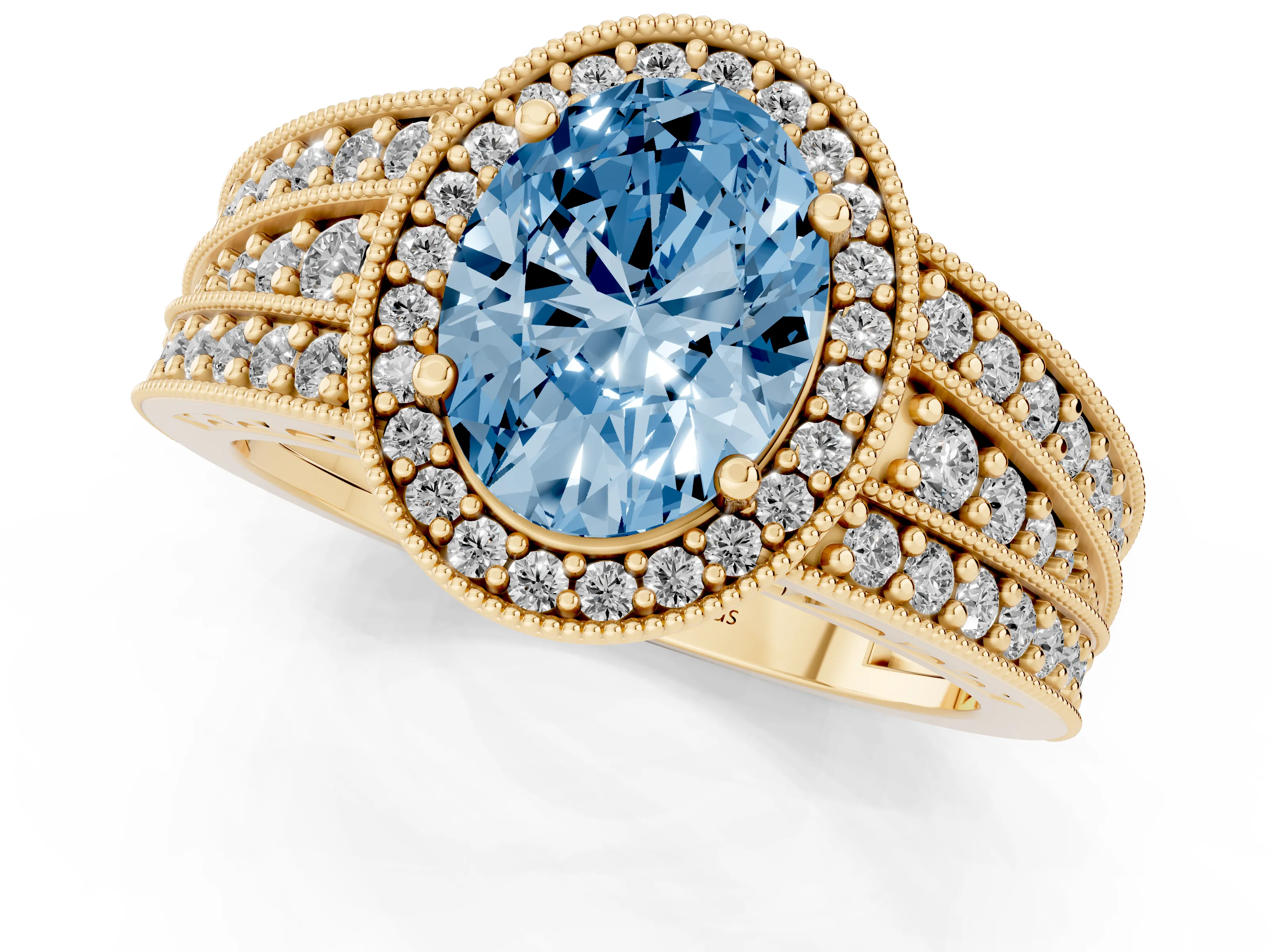 Fancy Blue Oval Cut Diamond Halo Ring Set in Yellow gold with Accent Split Shank and Prong Setting