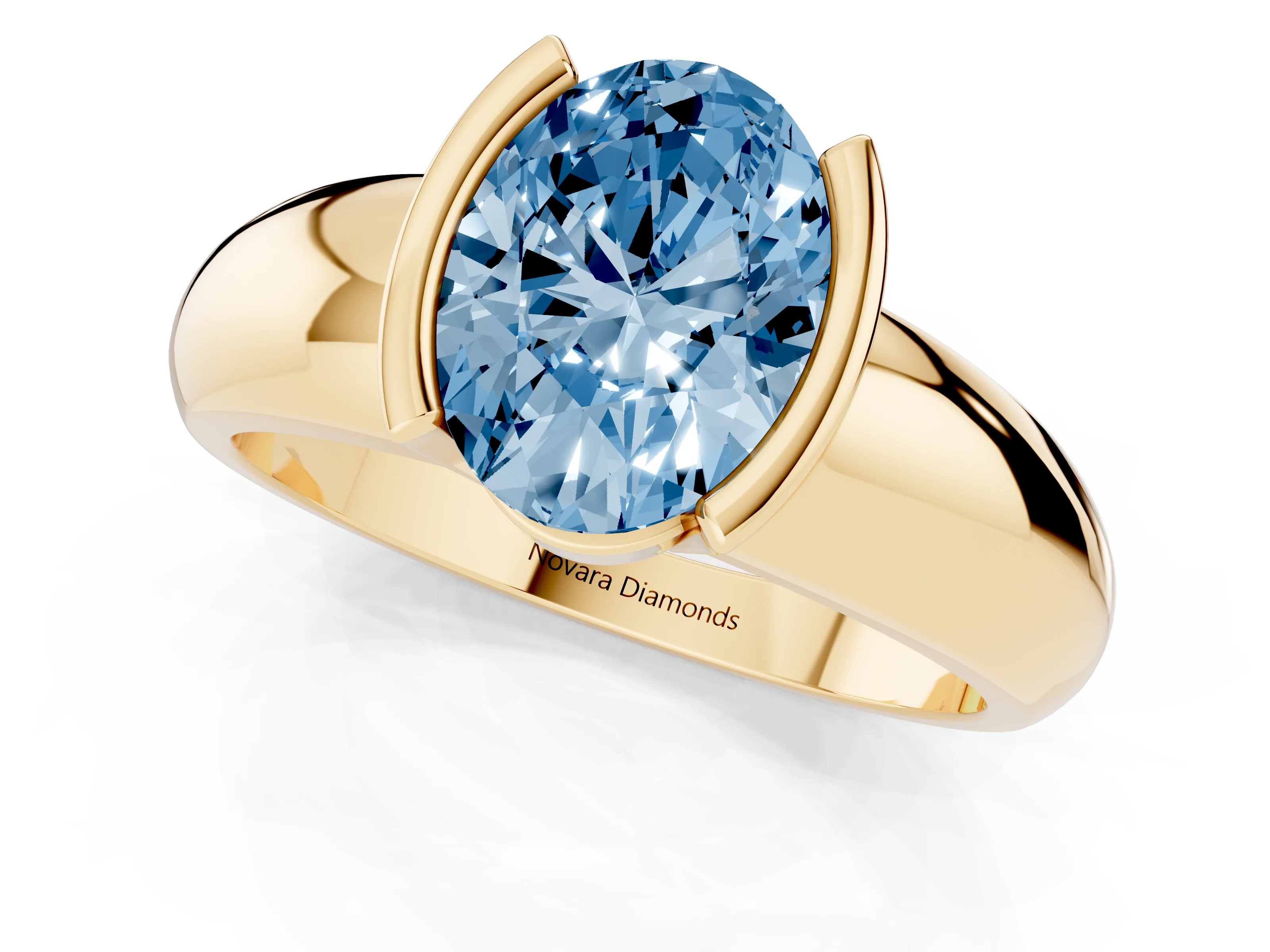 Fancy Blue Oval Cut Diamond Solitaire Tension Set Ring Set in Yellow gold with Wide Band