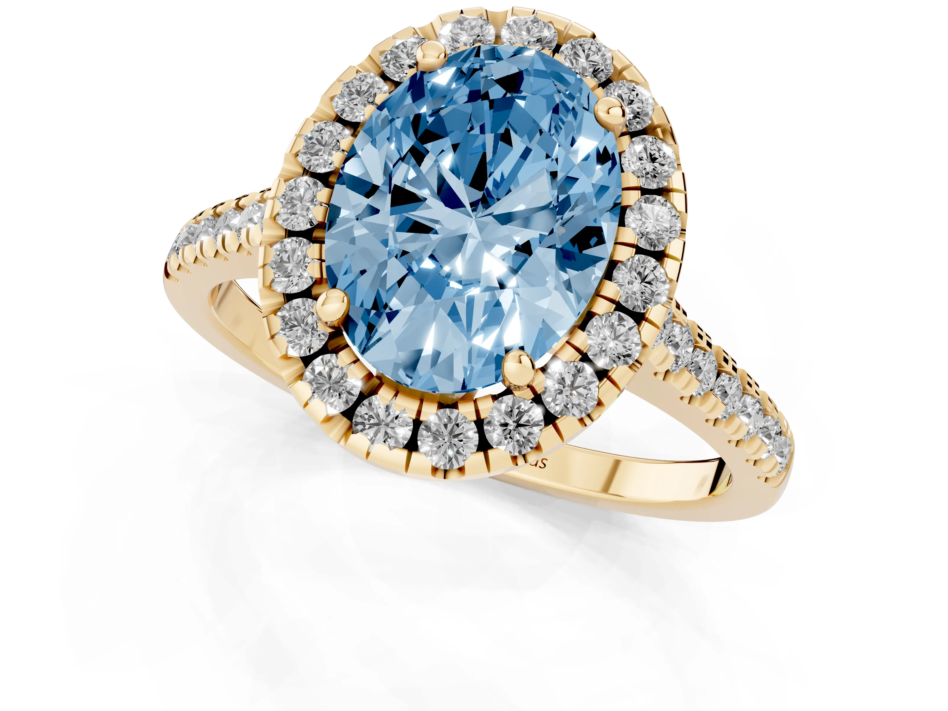 Fancy Blue Oval Cut Diamond Cushion Halo Ring Set in Yellow gold with Pavé Band