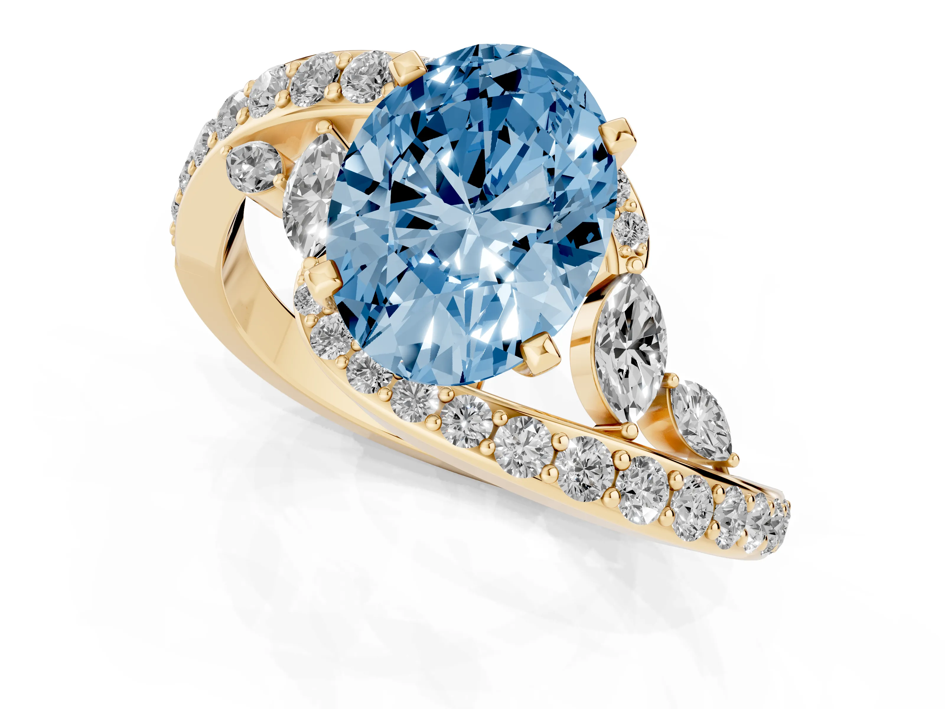 Fancy Blue Oval Cut Diamond Solitaire Ring Set in Yellow gold with Pavé Twist Band and Secure Prong Setting