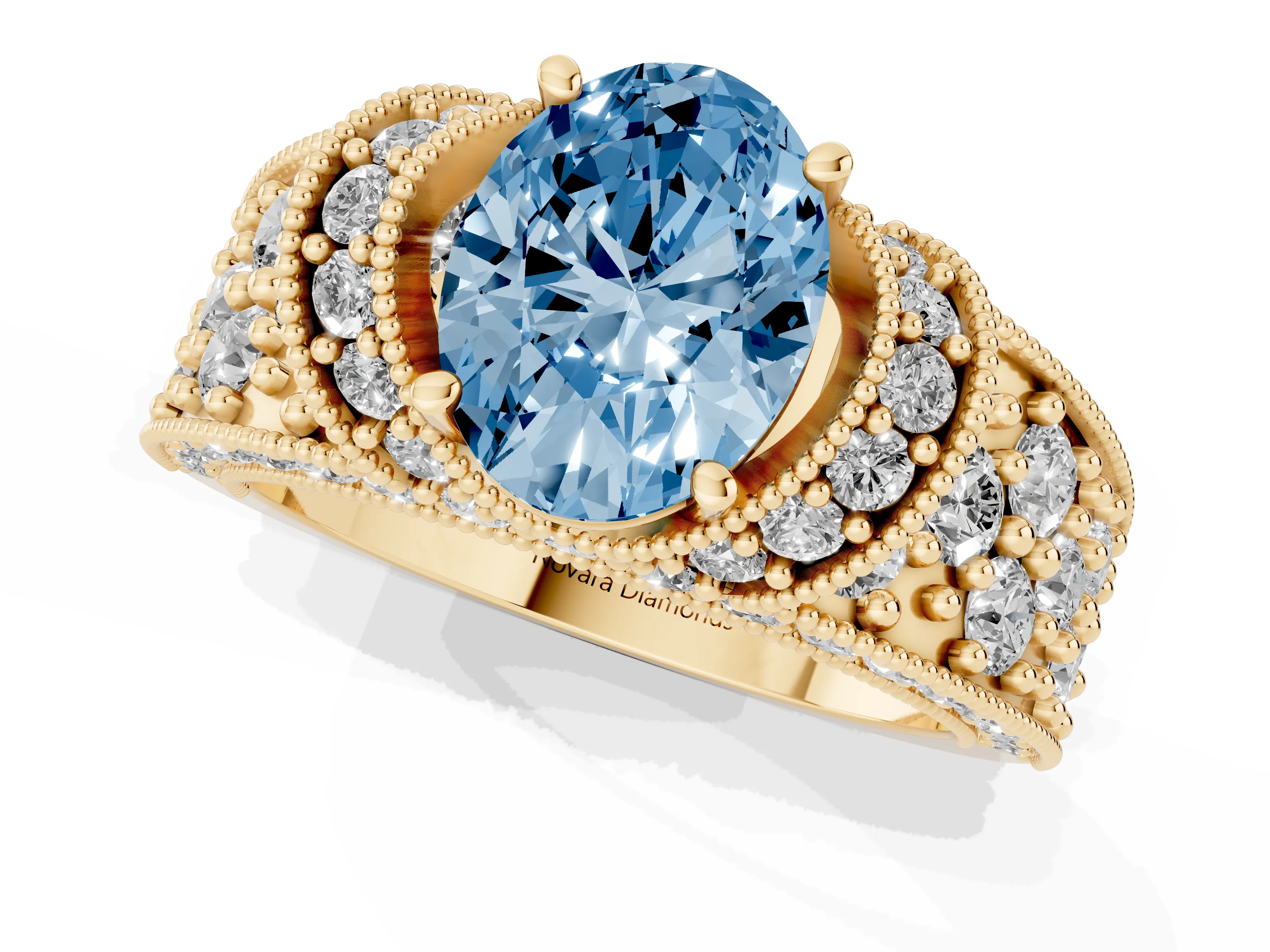 Fancy Blue Oval Cut Diamond Milgrain Halo Pavé Engagement Ring Set in Yellow gold with Prong Setting