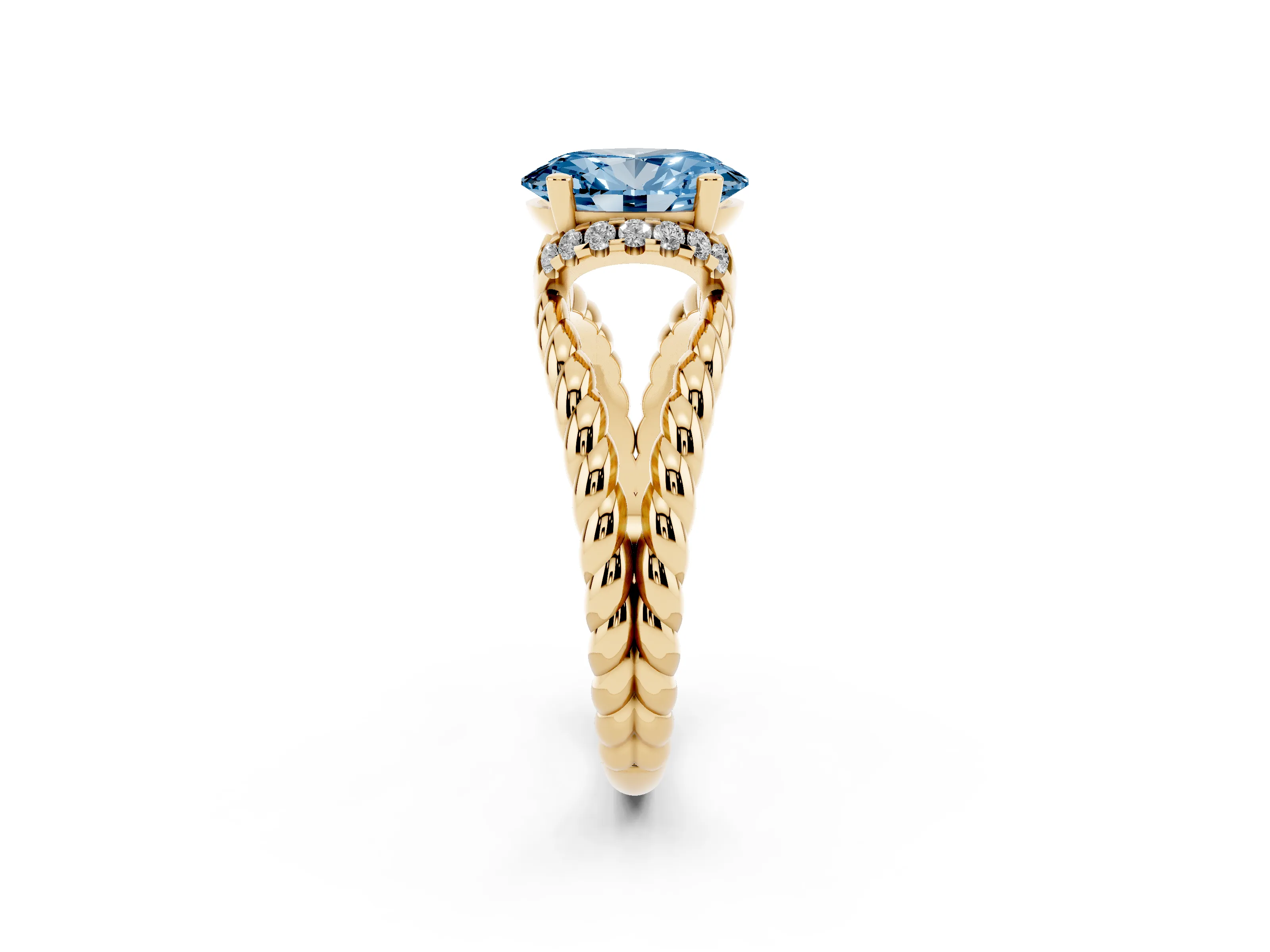 Fancy Blue Oval Cut Diamond Halo Ring Set in Yellow gold with Twisted Band and Prong Setting