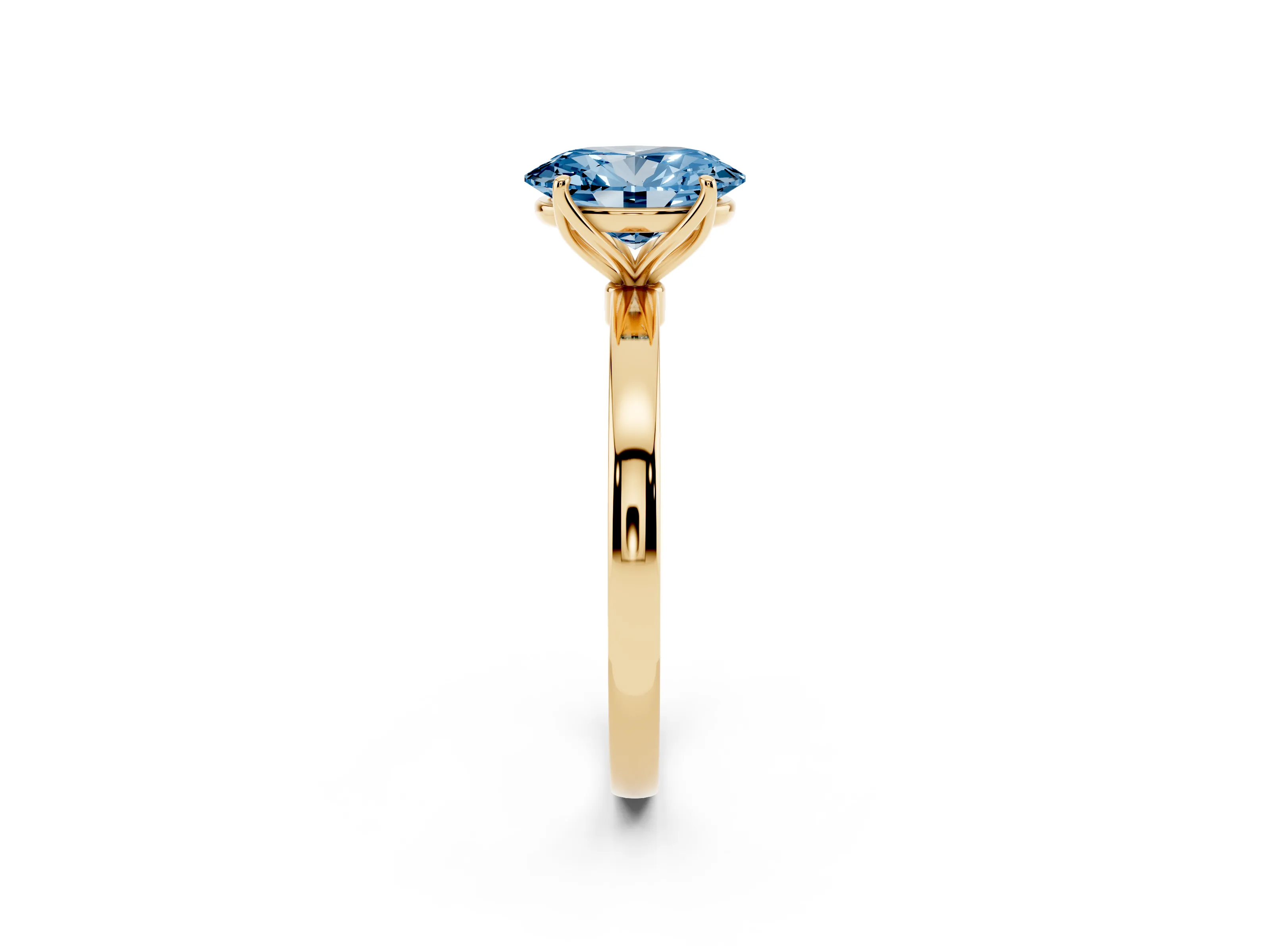 Fancy Blue Oval Cut Diamond Solitaire Ring Set in Yellow gold with Prong Setting and Thin Polished Band