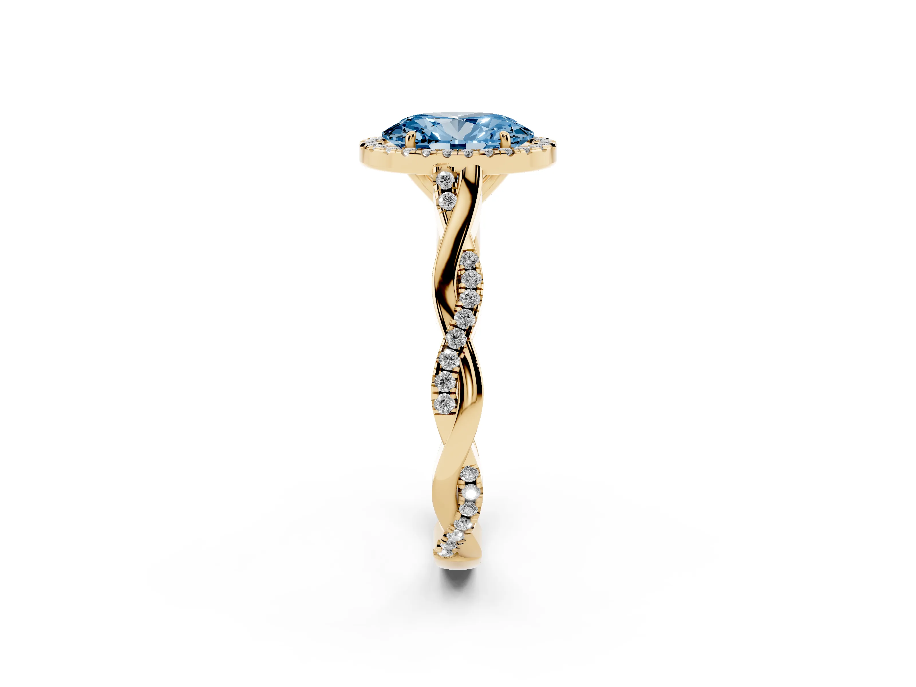 Fancy Blue Oval Cut Diamond Halo Twist Band Solitaire Ring Set in Yellow gold with Prong Setting