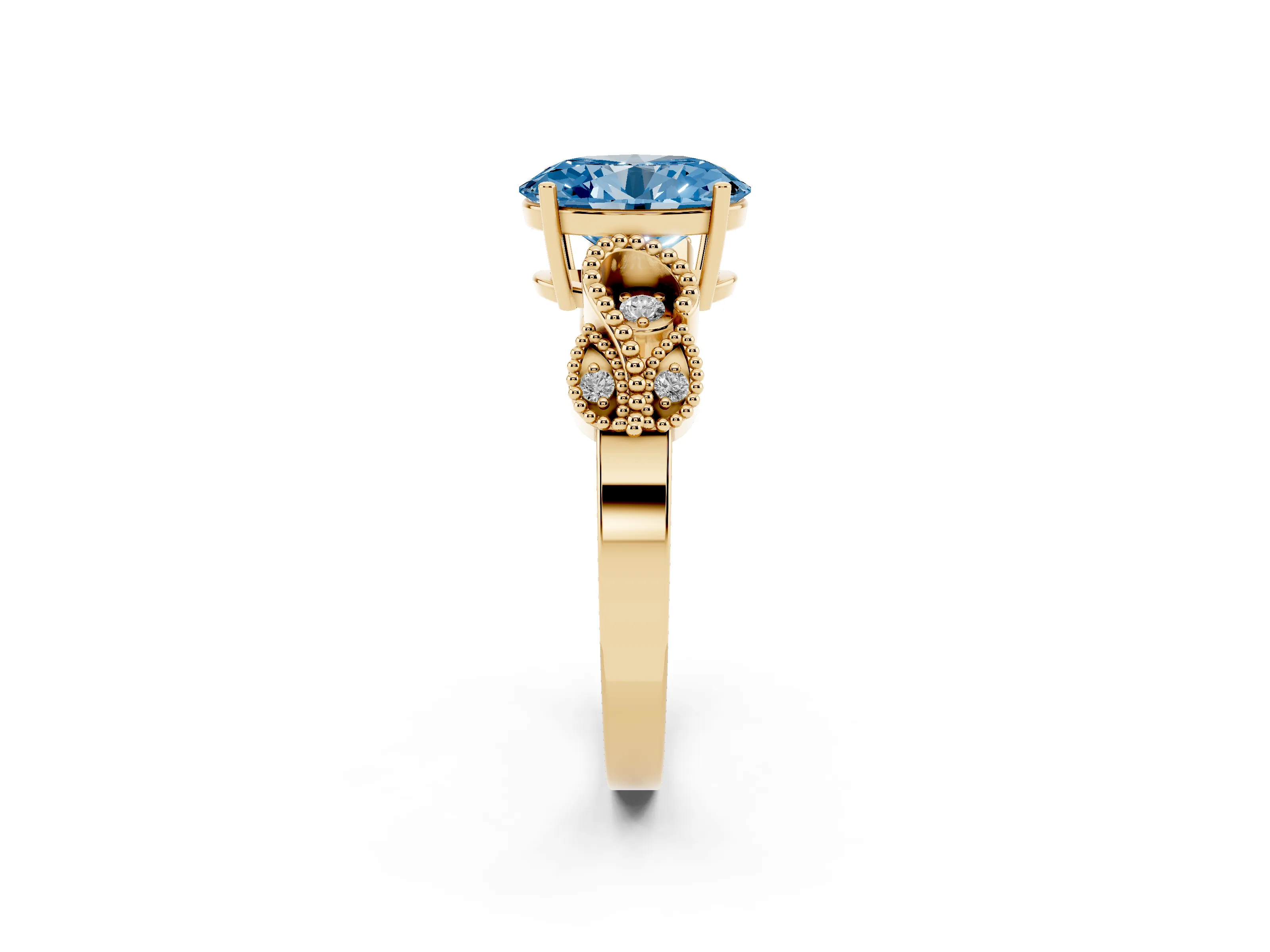 Fancy Blue Oval Cut Diamond Milgrain Leaf Band Solitaire Ring Set in Yellow gold with Accent Stones and Prong Setting