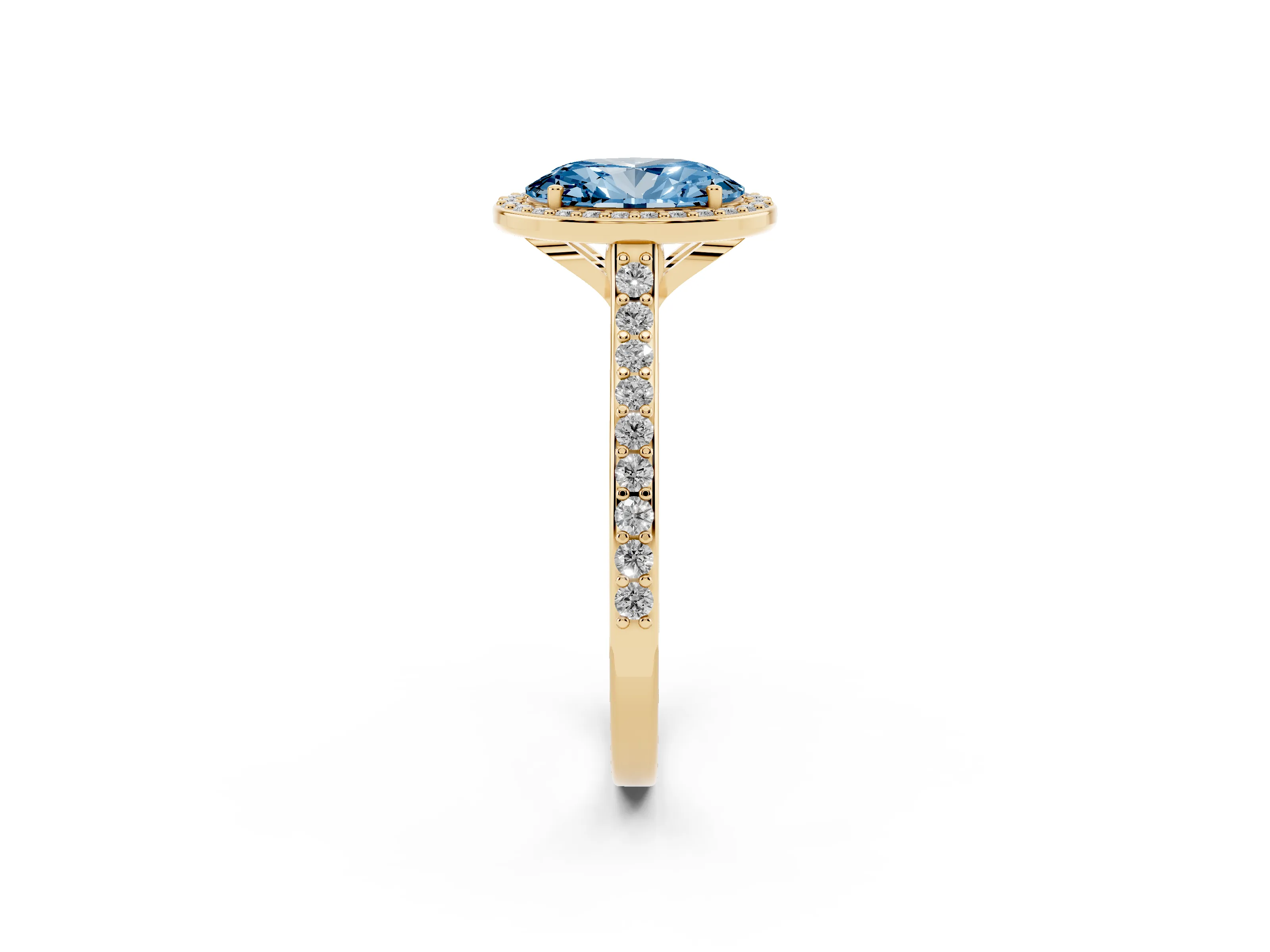 Fancy Blue Oval Cut Diamond Halo Engagement Ring Set in Yellow gold with Round Pavé Shoulders and Heart Gallery