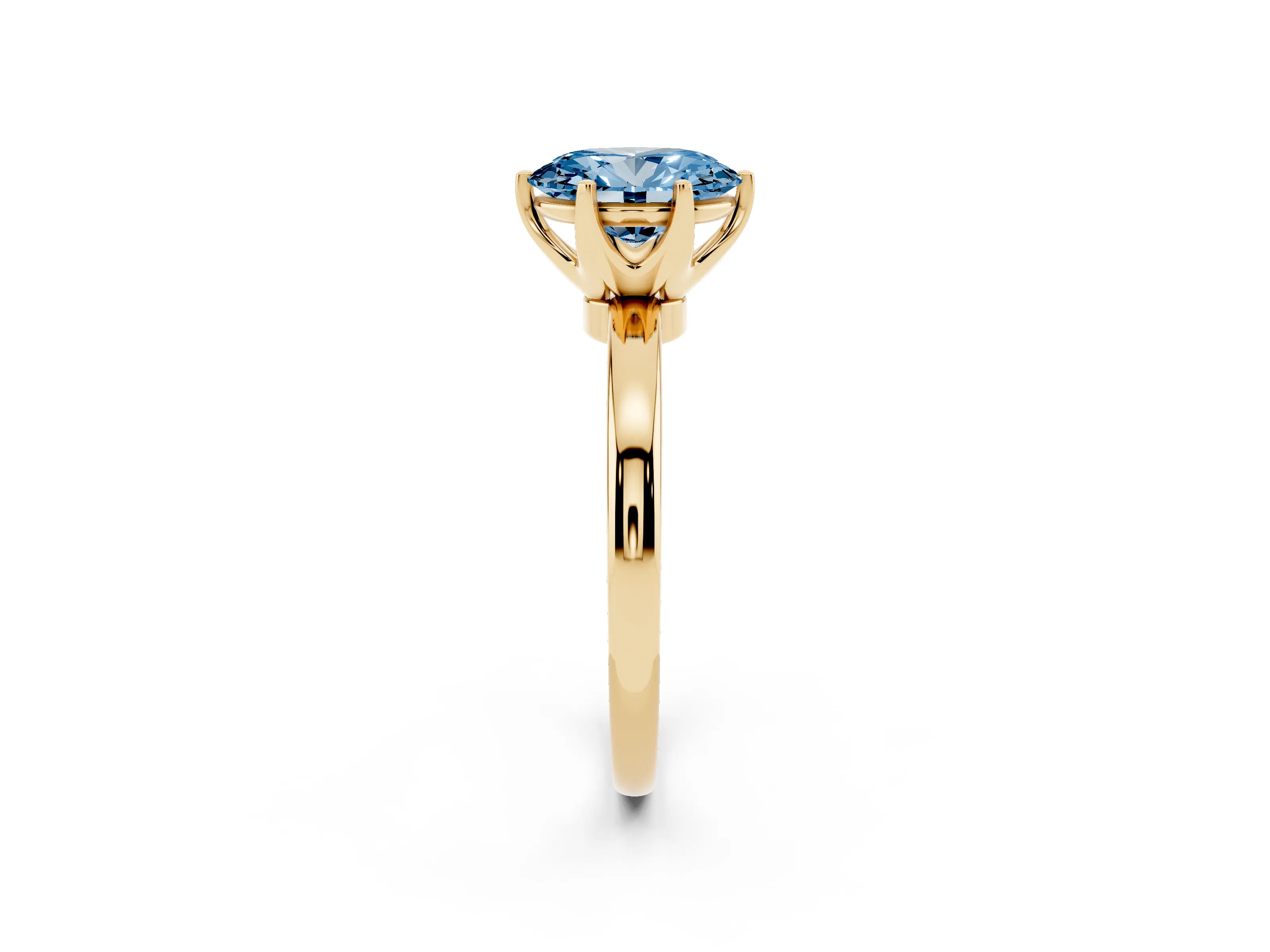 Fancy Blue Oval Cut Diamond Solitaire Ring Set in Yellow gold with Raised Prong Setting on a Classic Band