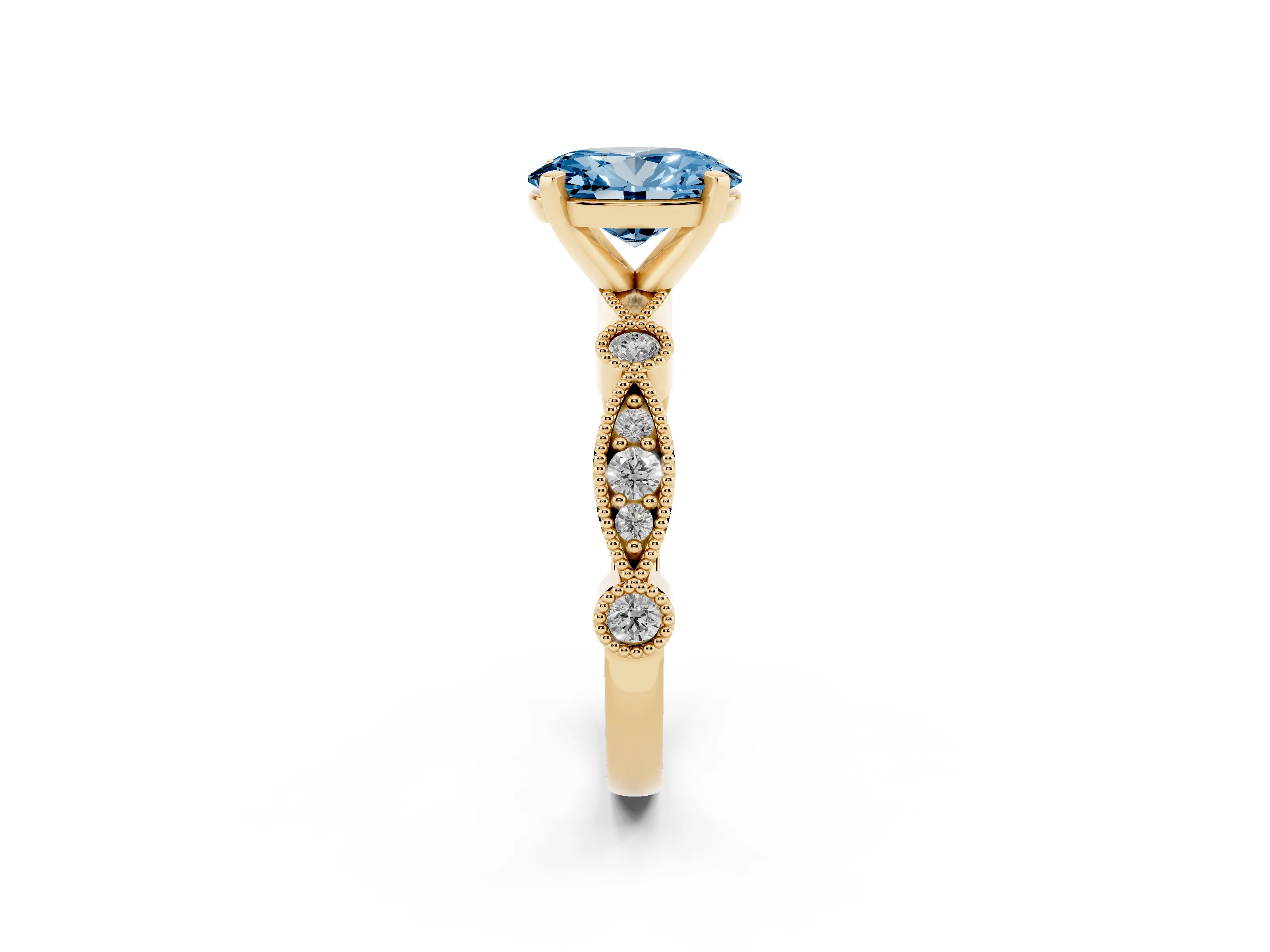 Fancy Blue Oval Cut Diamond Solitaire Engagement Ring Set in Yellow gold with Milgrain Bezel Accent Band