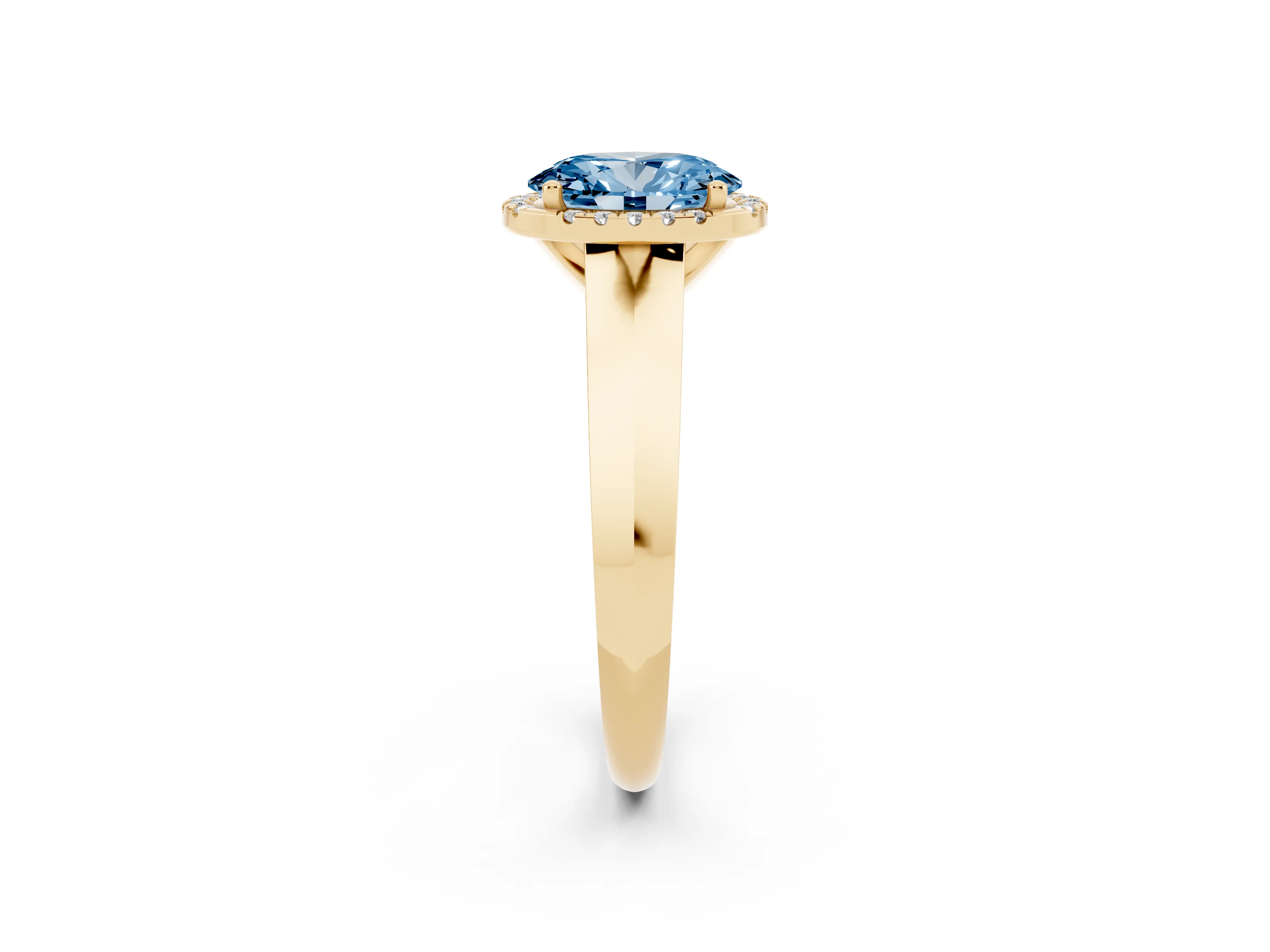 Fancy Blue Oval Cut Diamond Halo Ring Set in Yellow gold with Cathedral Band and Prong Setting