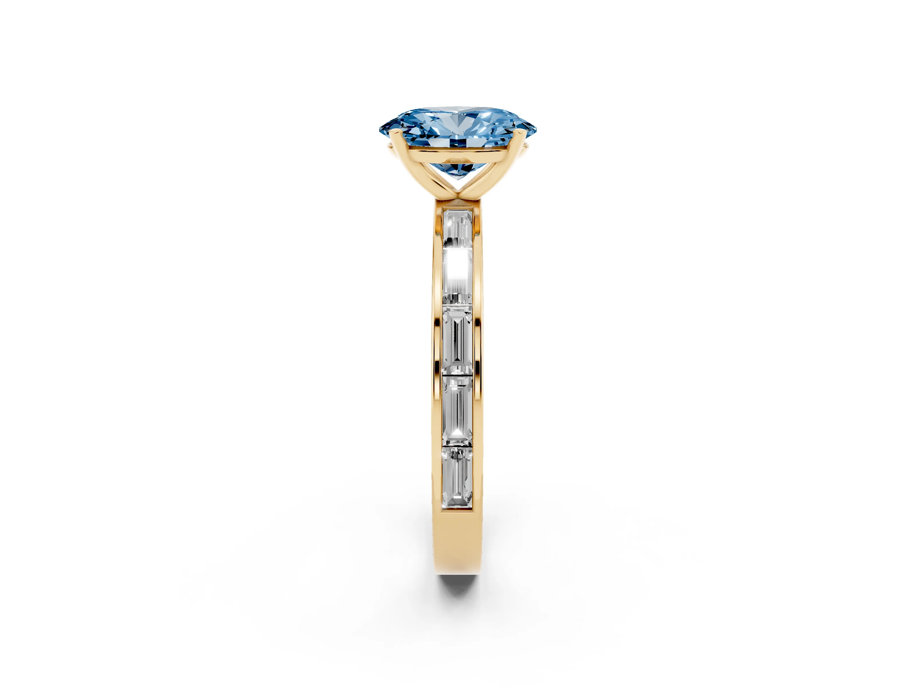 Fancy Blue Oval Cut Diamond Solitaire Ring Set in Yellow gold with Channel-Set Baguette Band and Prong Setting