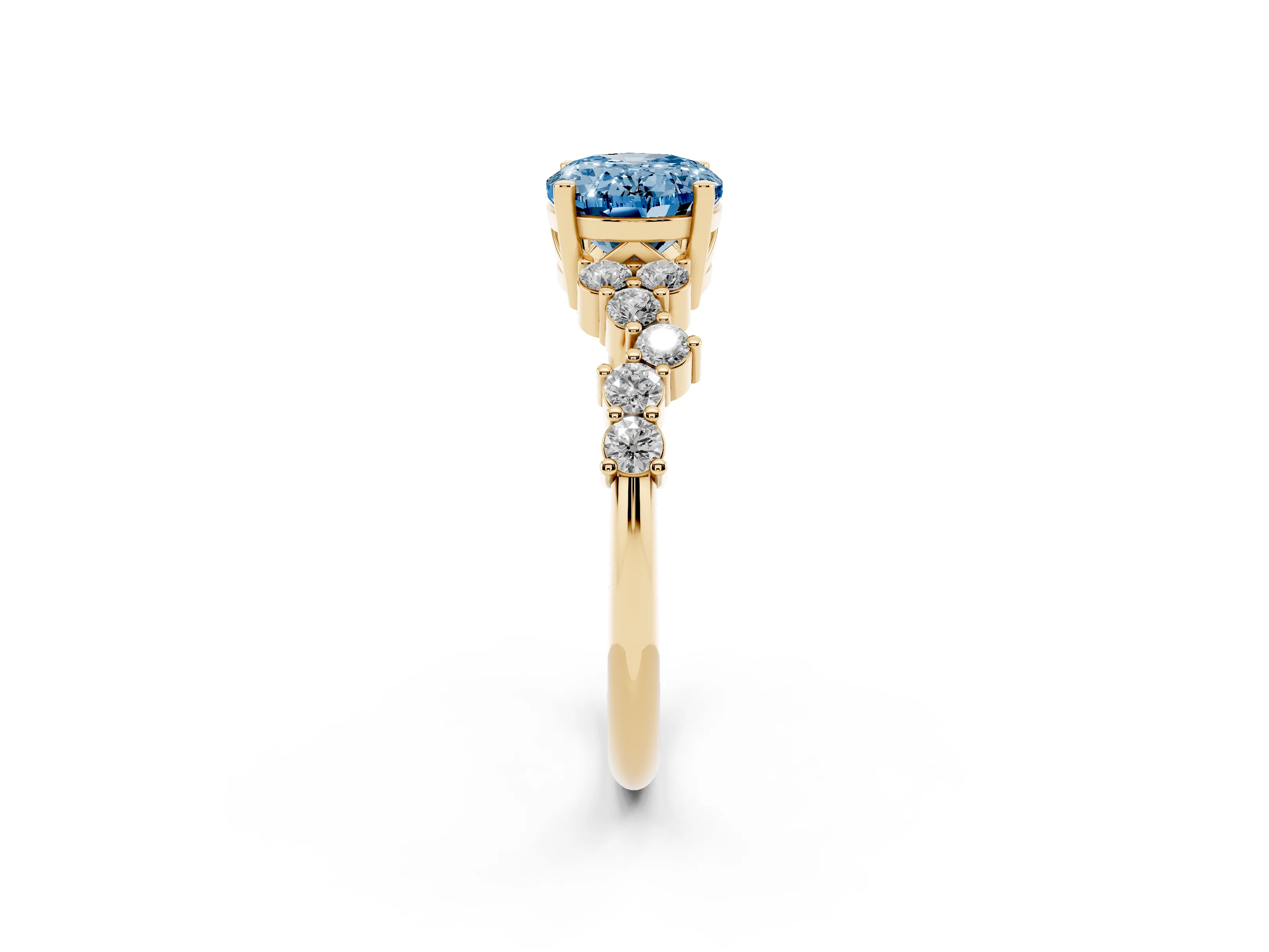 Fancy Blue Oval Cut Diamond Ring Set in Yellow gold with Scattered Round Accents