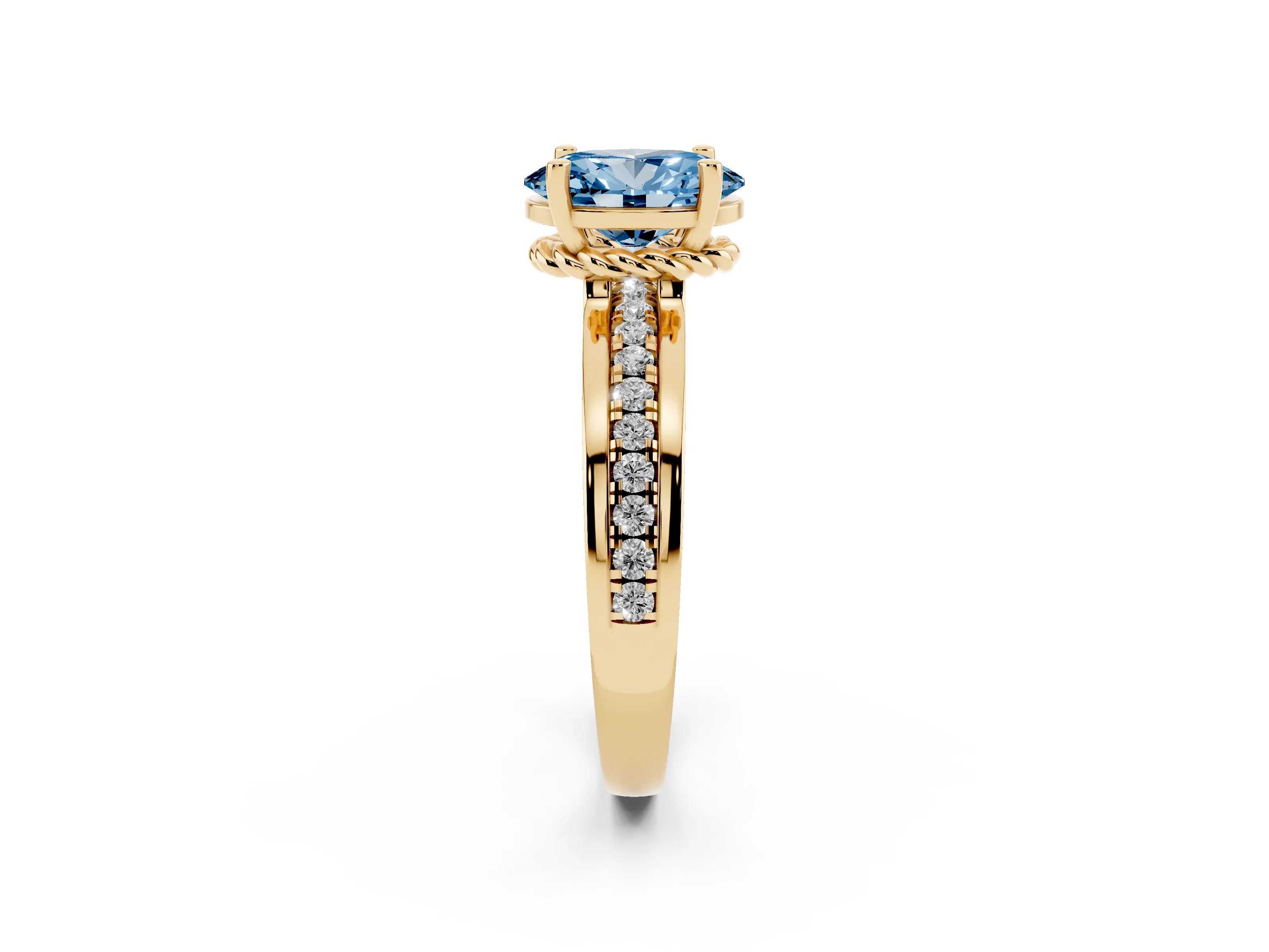 Fancy Blue Oval Cut Diamond Solitaire Ring Set in Yellow gold with Channel Set Band and Prong Setting