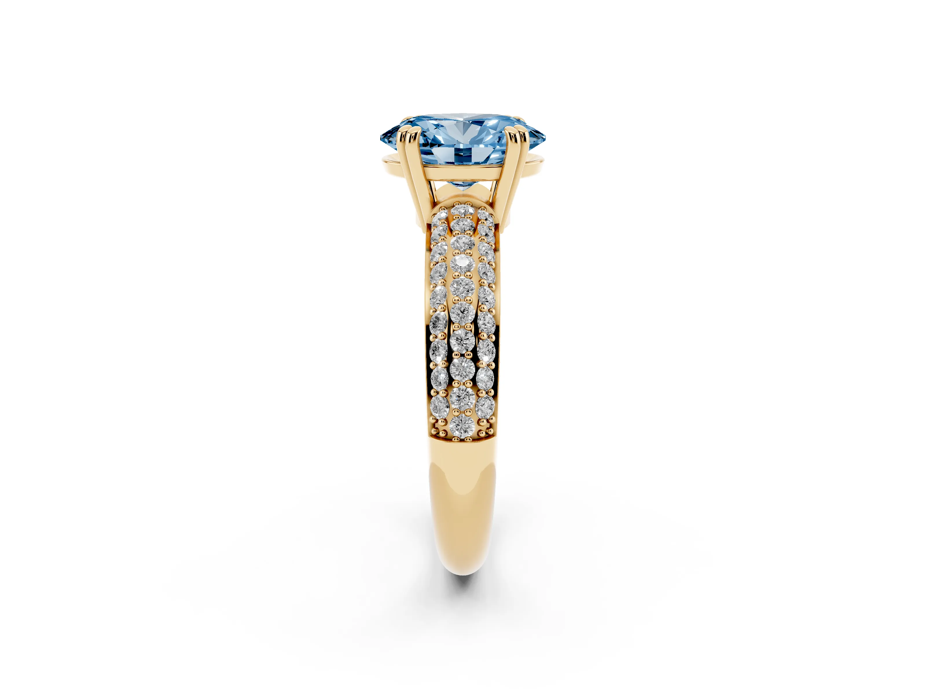 Fancy Blue Oval Cut Diamond Solitaire Ring Set in Yellow gold with Multi-Row Round Pavé Band and Prong Setting