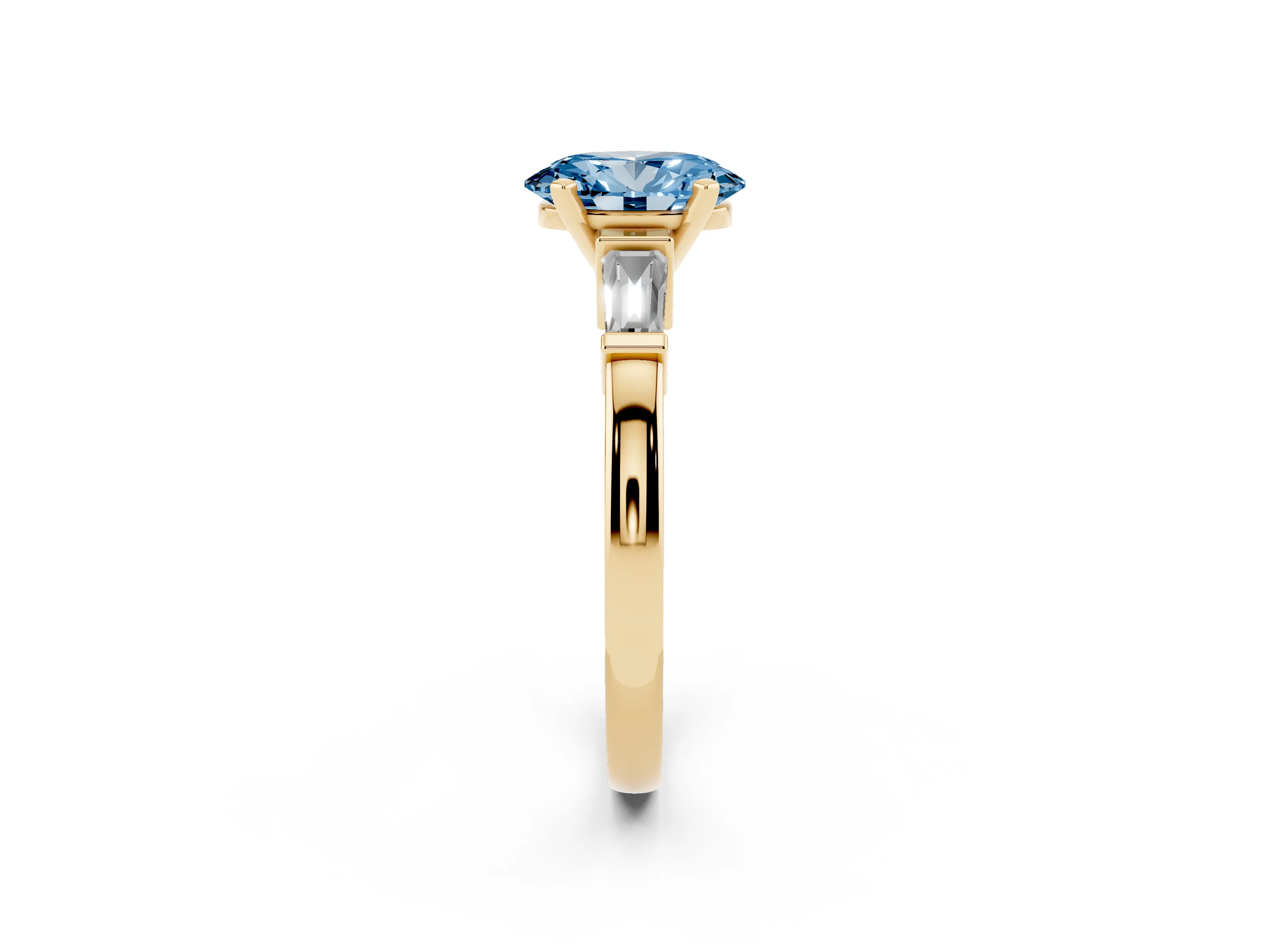Fancy Blue Oval Cut Diamond Solitaire Ring Set in Yellow gold with Tapered Baguette Accents and Prong Setting