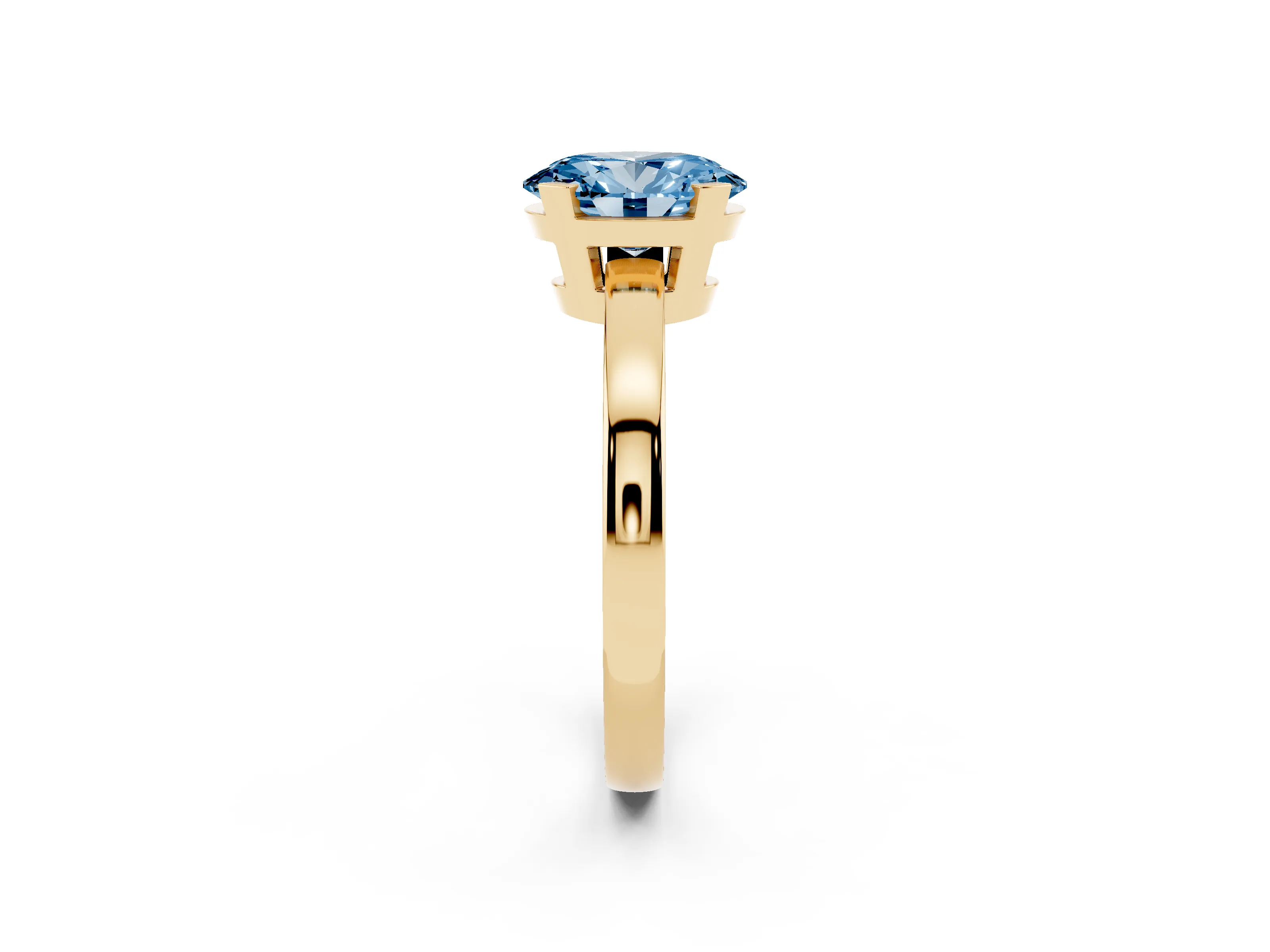 Fancy Blue Oval Cut Diamond Solitaire Ring Set in Yellow gold with Prong Head and Smooth Polished Band