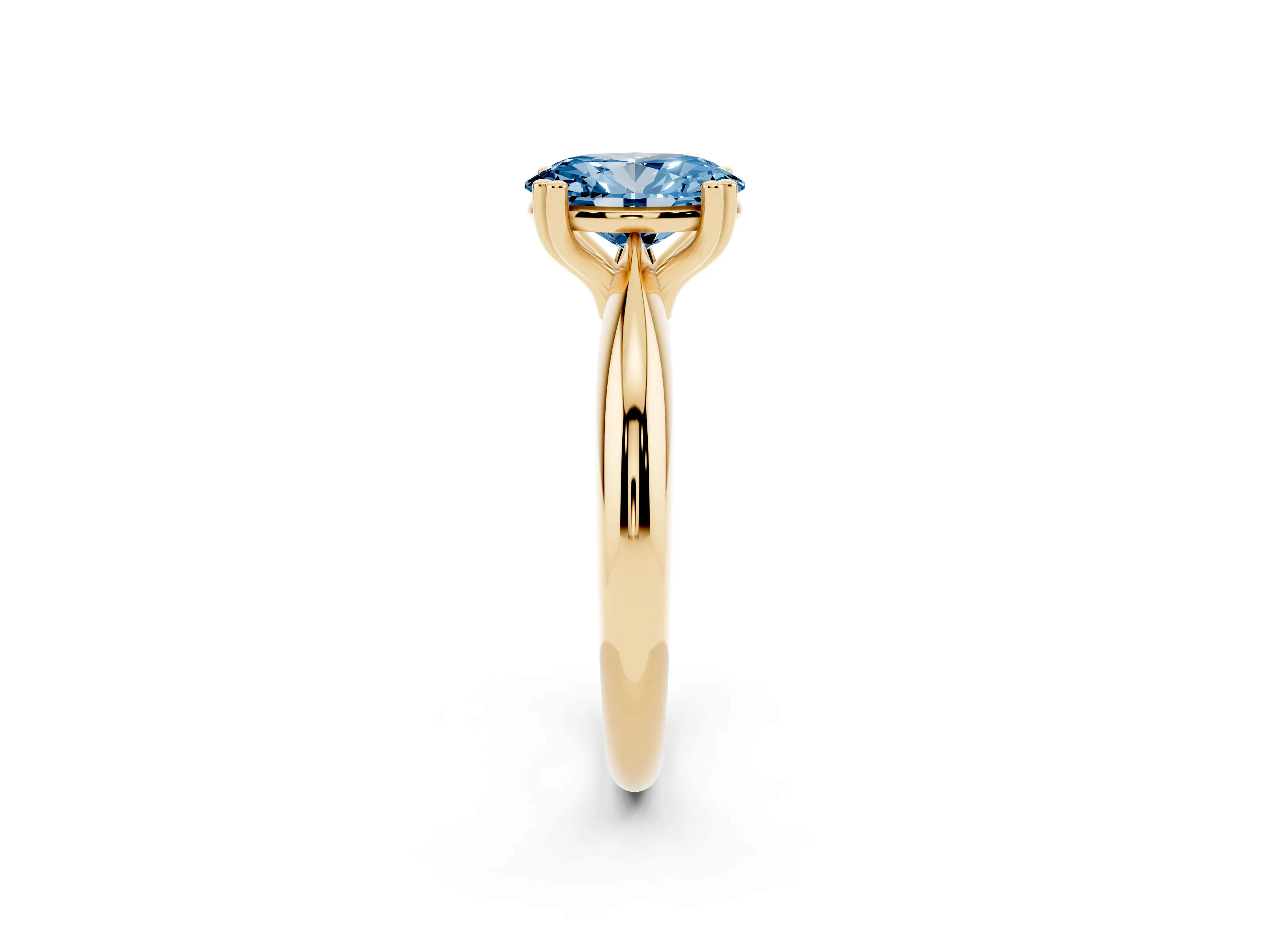 Fancy Blue Oval Cut Diamond Solitaire Engagement Ring Set in Yellow gold with Tapered Band and Prong Setting