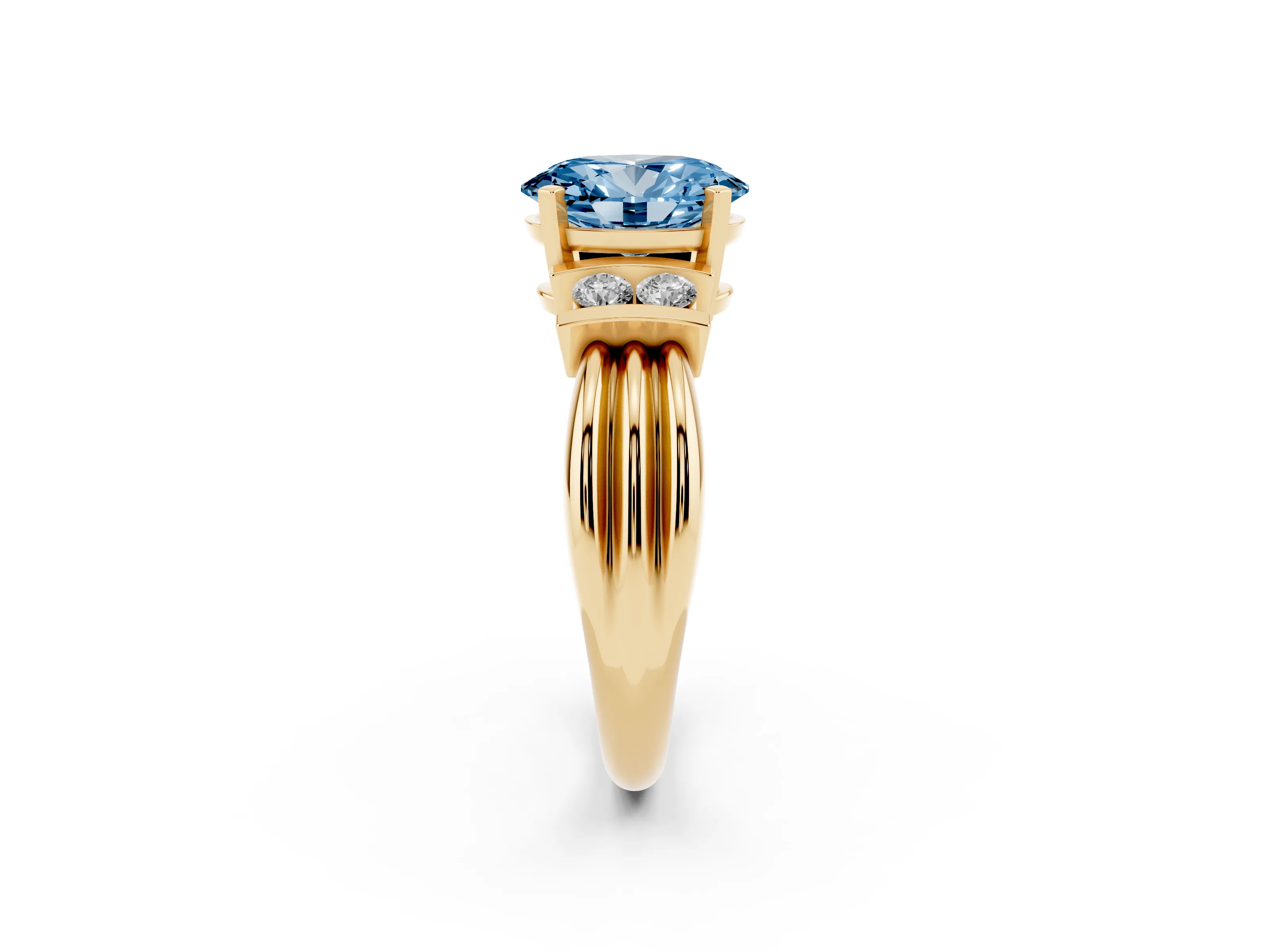 Fancy Blue Three-Stone Oval Cut Diamond Channel Set Ring Set in Yellow gold with Bar Prongs