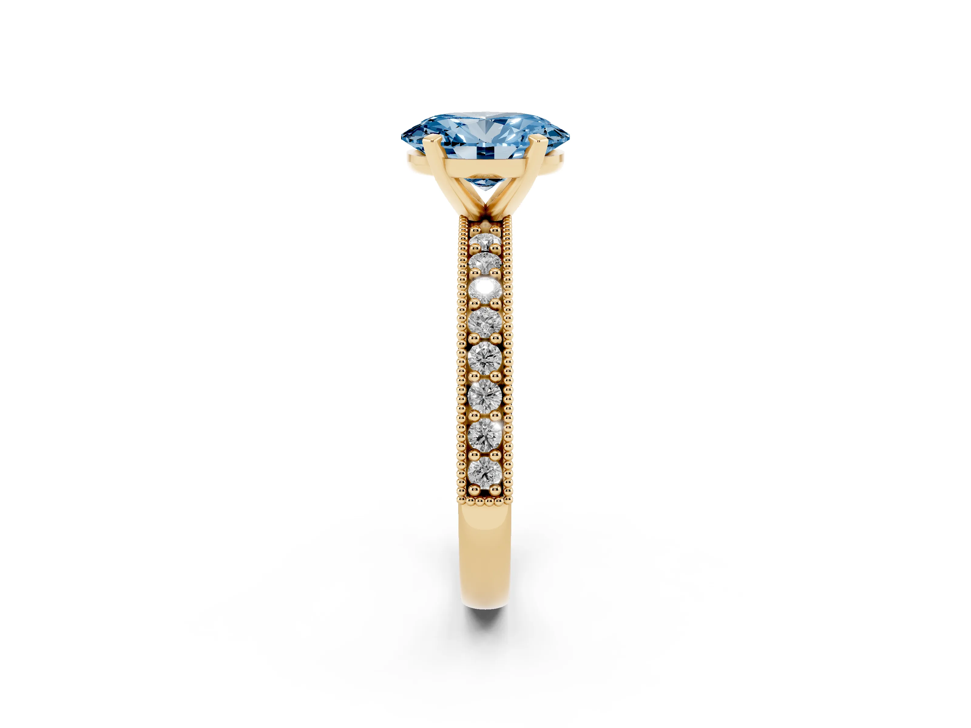 Fancy Blue Oval Cut Diamond Milgrain Pavé Engagement Ring Set in Yellow gold with Prong Setting