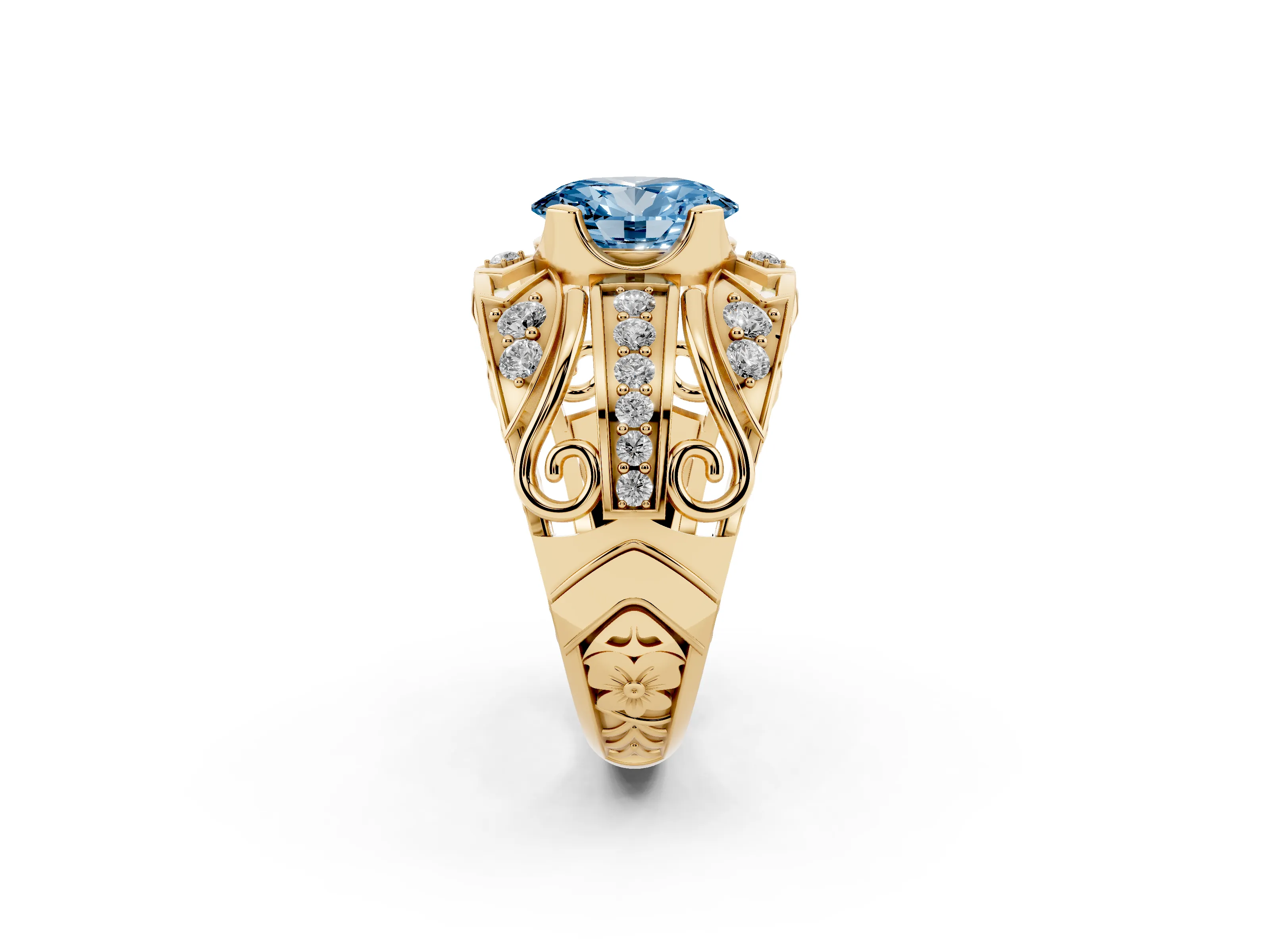 Fancy Blue Oval Cut Diamond Art Deco Ring Set in Yellow gold with Pavé Split Shank