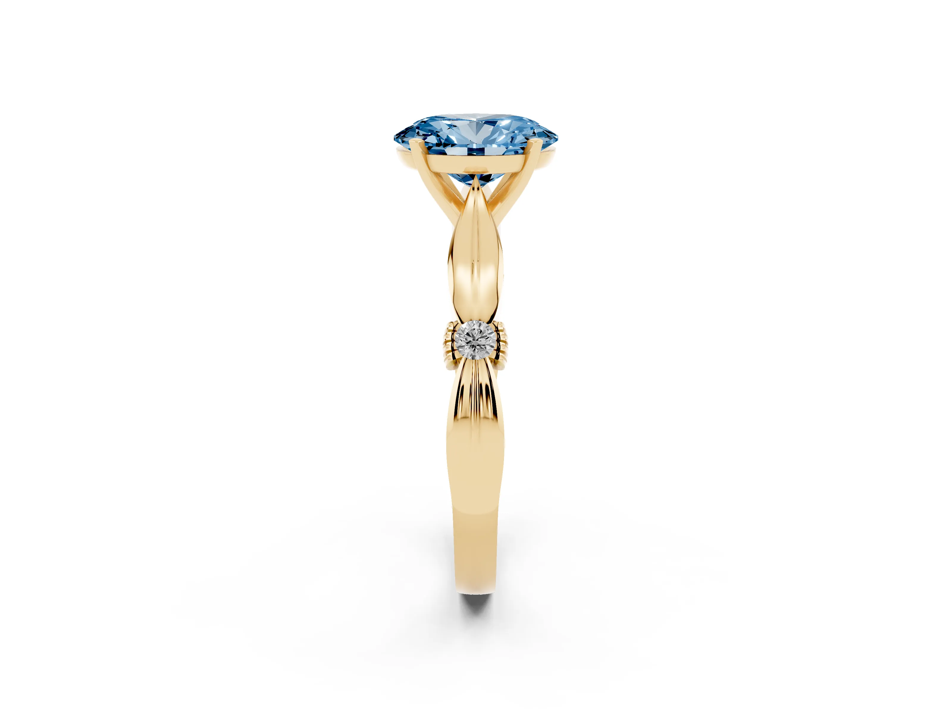 Fancy Blue Oval Cut Diamond Solitaire Twisted Band Ring Set in Yellow gold with Accent Stones and Prong Setting