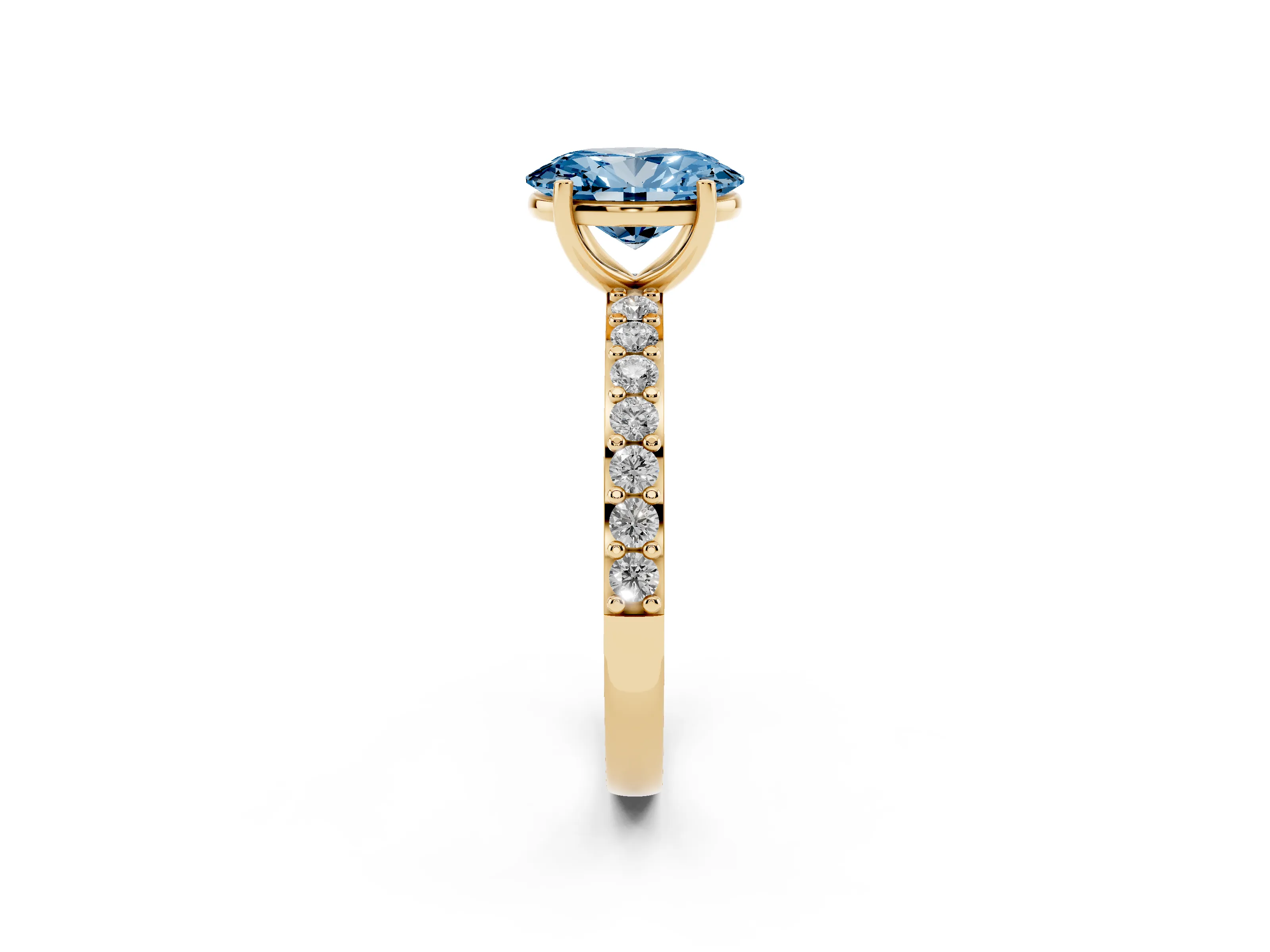 Fancy Blue Oval Cut Diamond Solitaire Set in Yellow gold with Round Pavé Band and Prong Setting