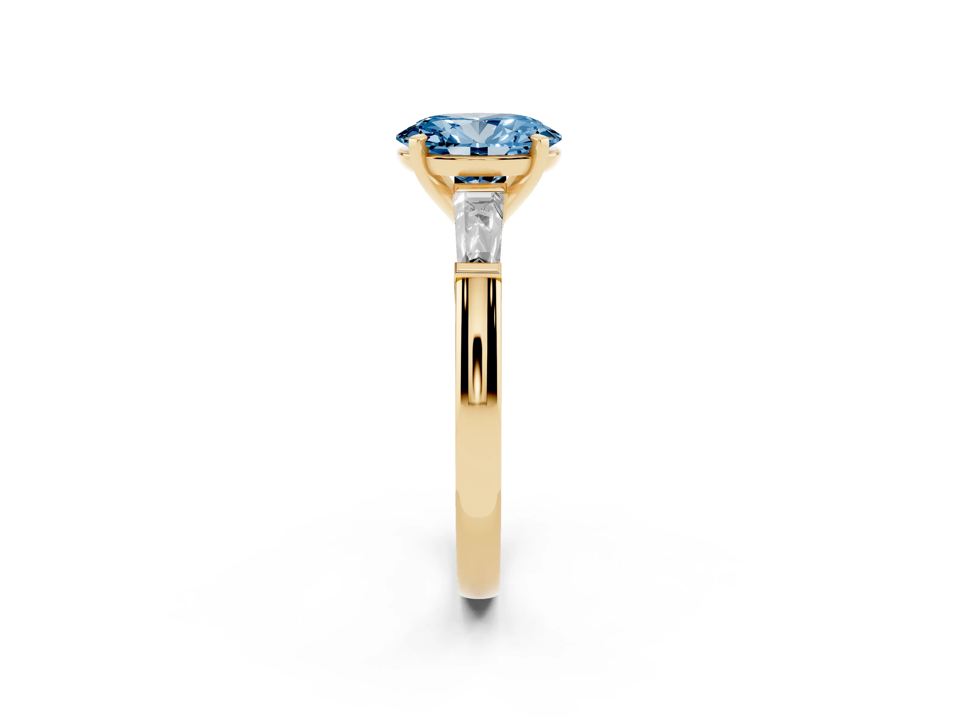 Fancy Blue Oval Cut Diamond Solitaire Ring Set in Yellow gold with Tapered Baguette Side Stones and Prong Setting
