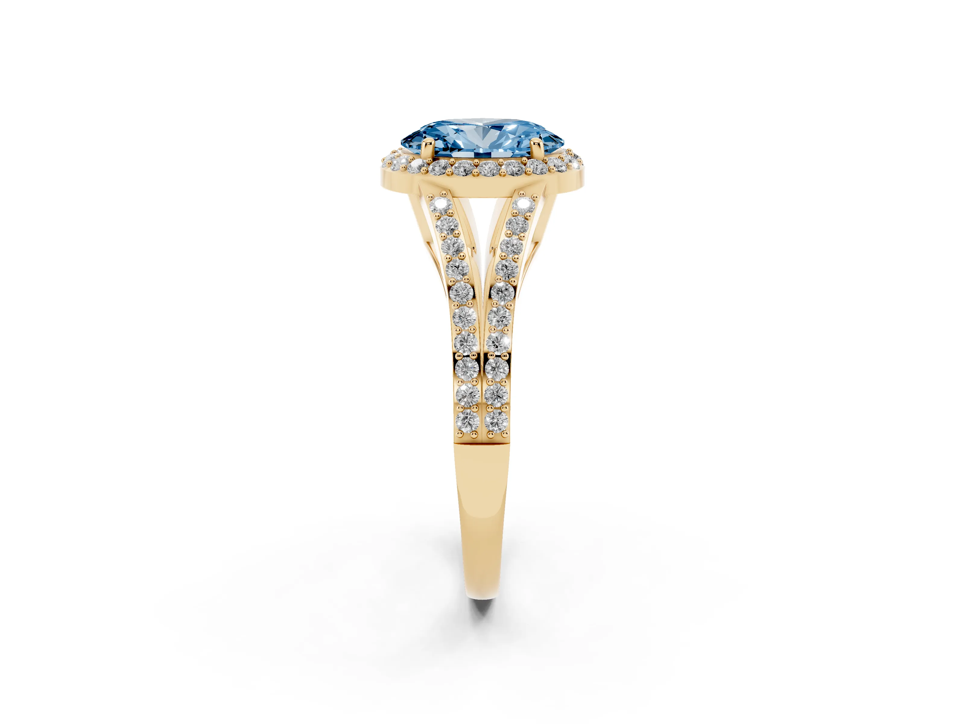 Fancy Blue Oval Cut Diamond Halo Split Shank Ring Set in Yellow gold with Accent Stones and Prong Setting