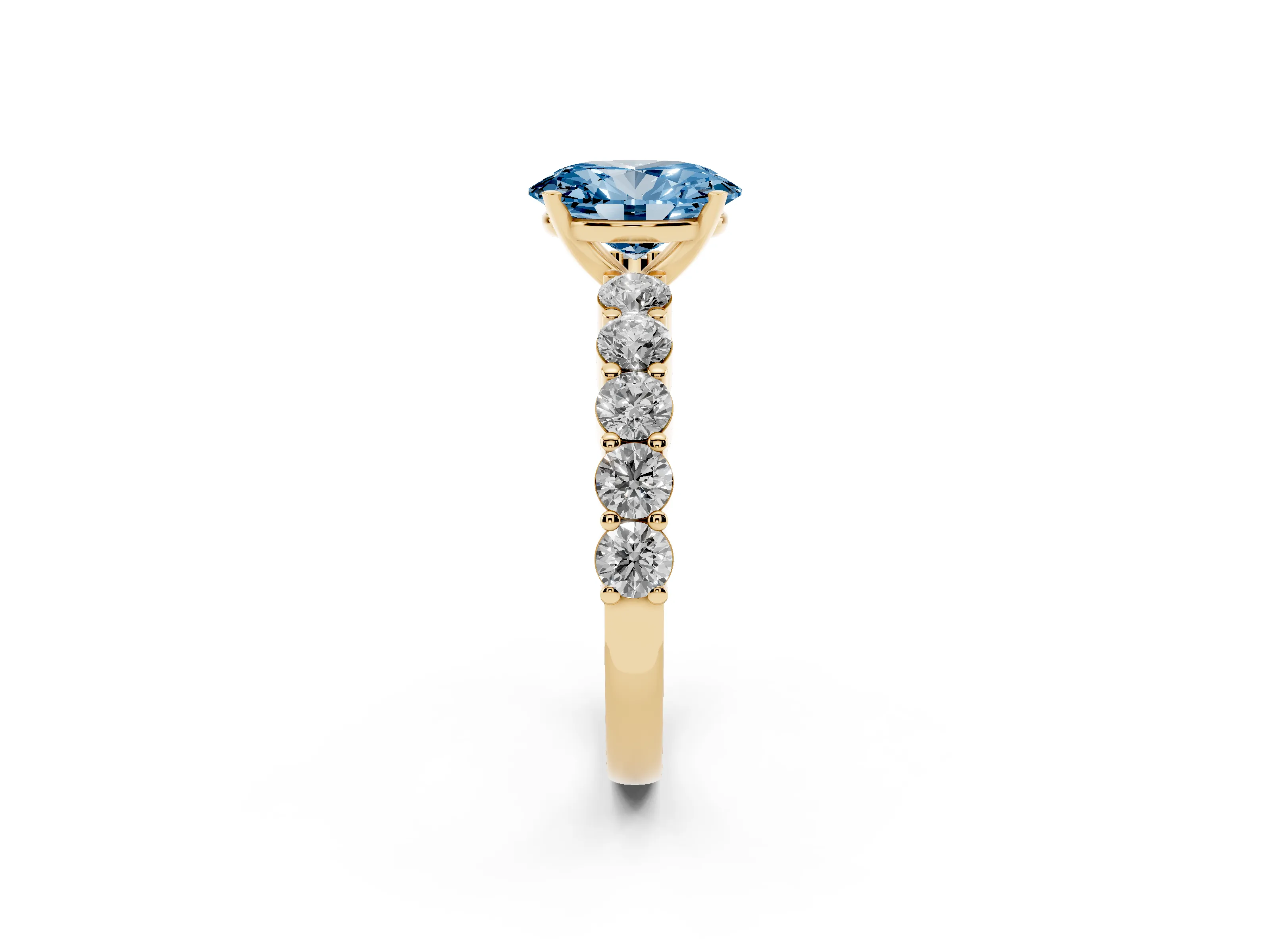 Fancy Blue Oval Cut Diamond Solitaire Ring Set in Yellow gold with Shared Prong Round Side Stones