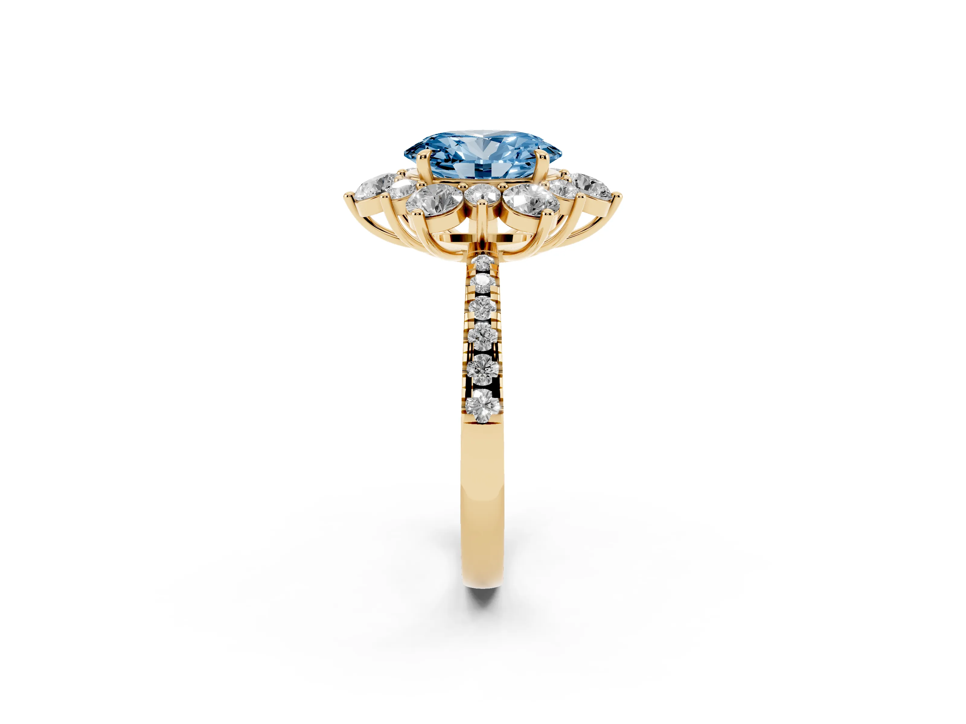 Fancy Blue Oval Cut Diamond Floral Halo Ring Set in Yellow gold with Round Pavé Band and Prong Setting