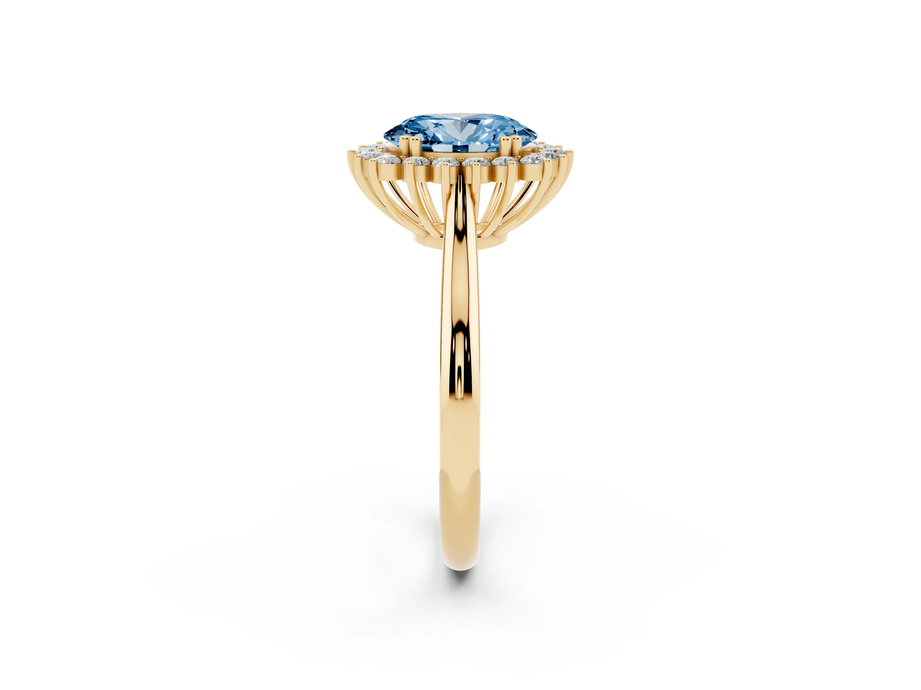 Fancy Blue Oval Cut Diamond Halo Ring Set in Yellow gold with Plain Solitaire Band and Prong Setting