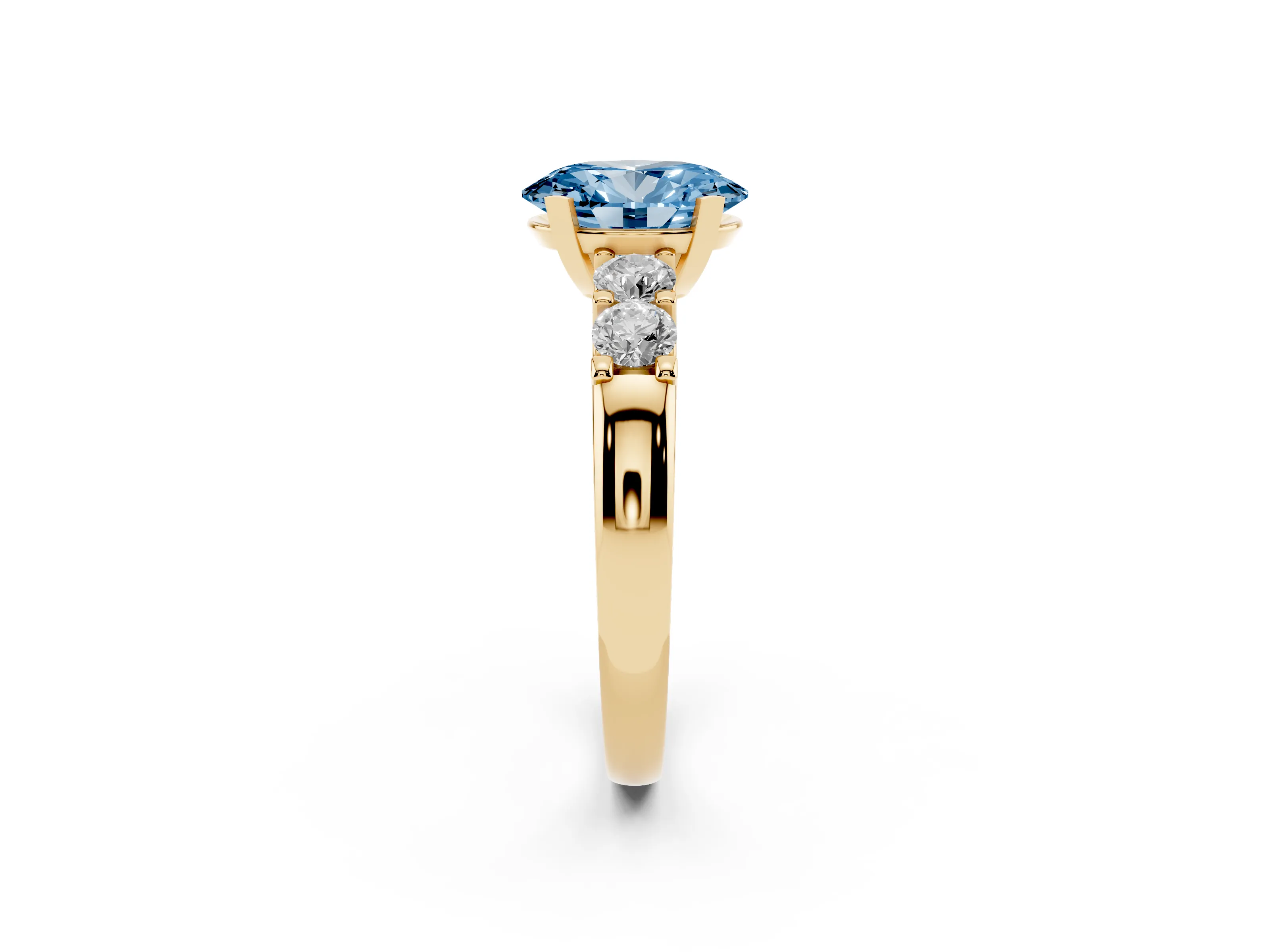 Fancy Blue Oval Cut Diamond Five-Stone Prong Set Engagement Ring Set in Yellow gold with Channel Band