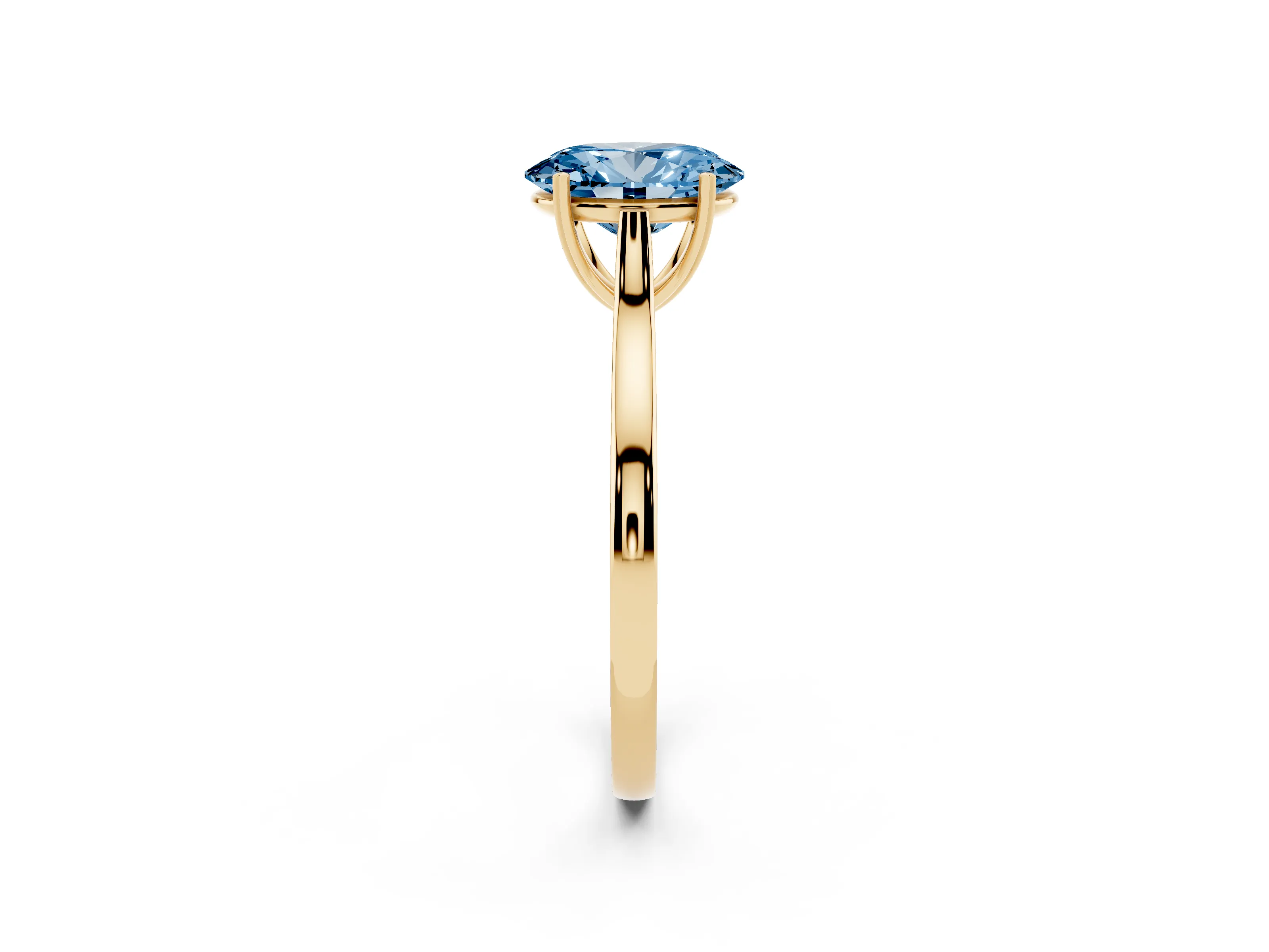 Fancy Blue Oval Cut Diamond Solitaire Heart Prong Engagement Ring Set in Yellow gold with Tapered Band