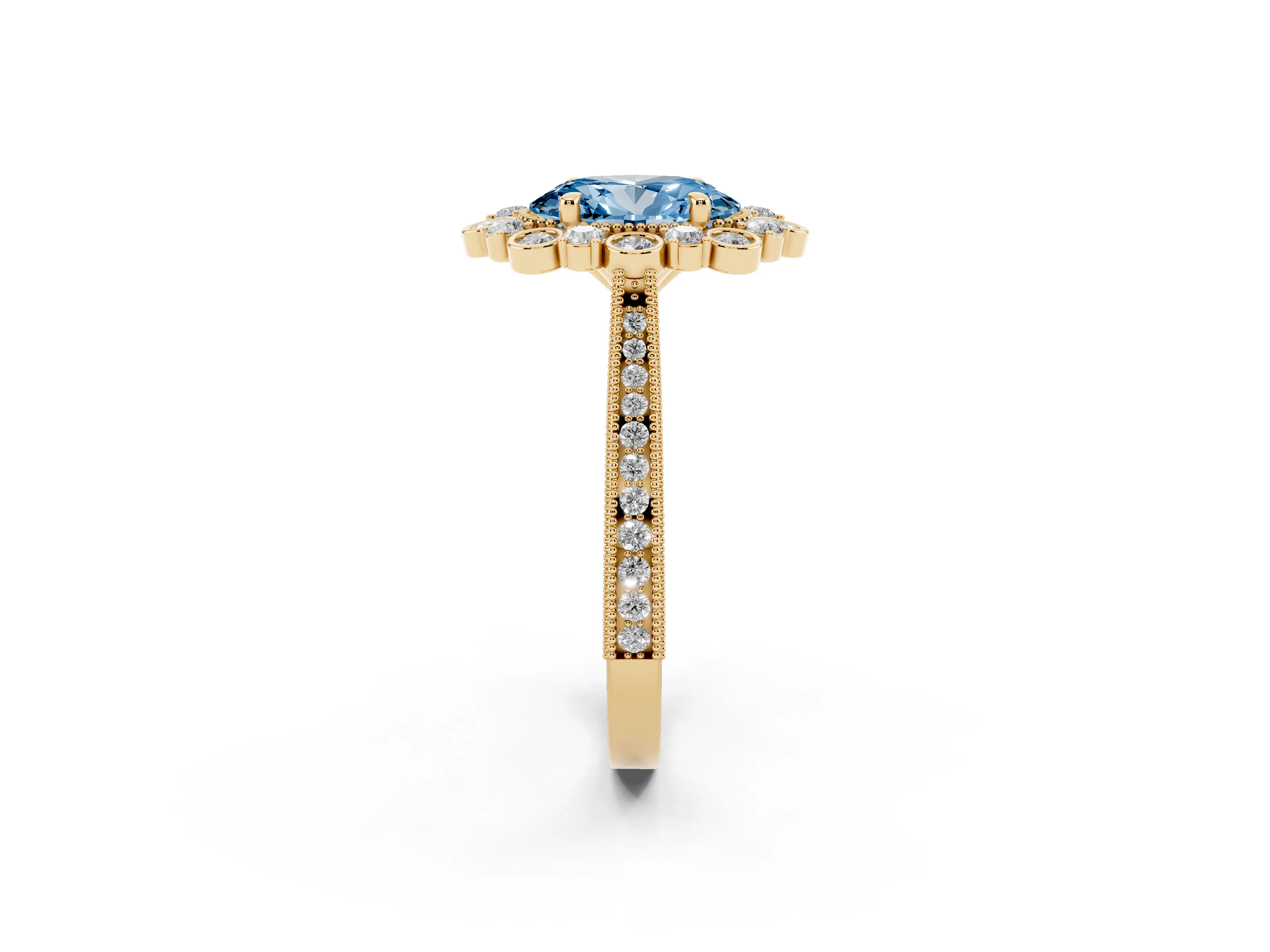 Fancy Blue Oval Cut Diamond Halo Milgrain Pavé Ring Set in Yellow gold with Prong Setting