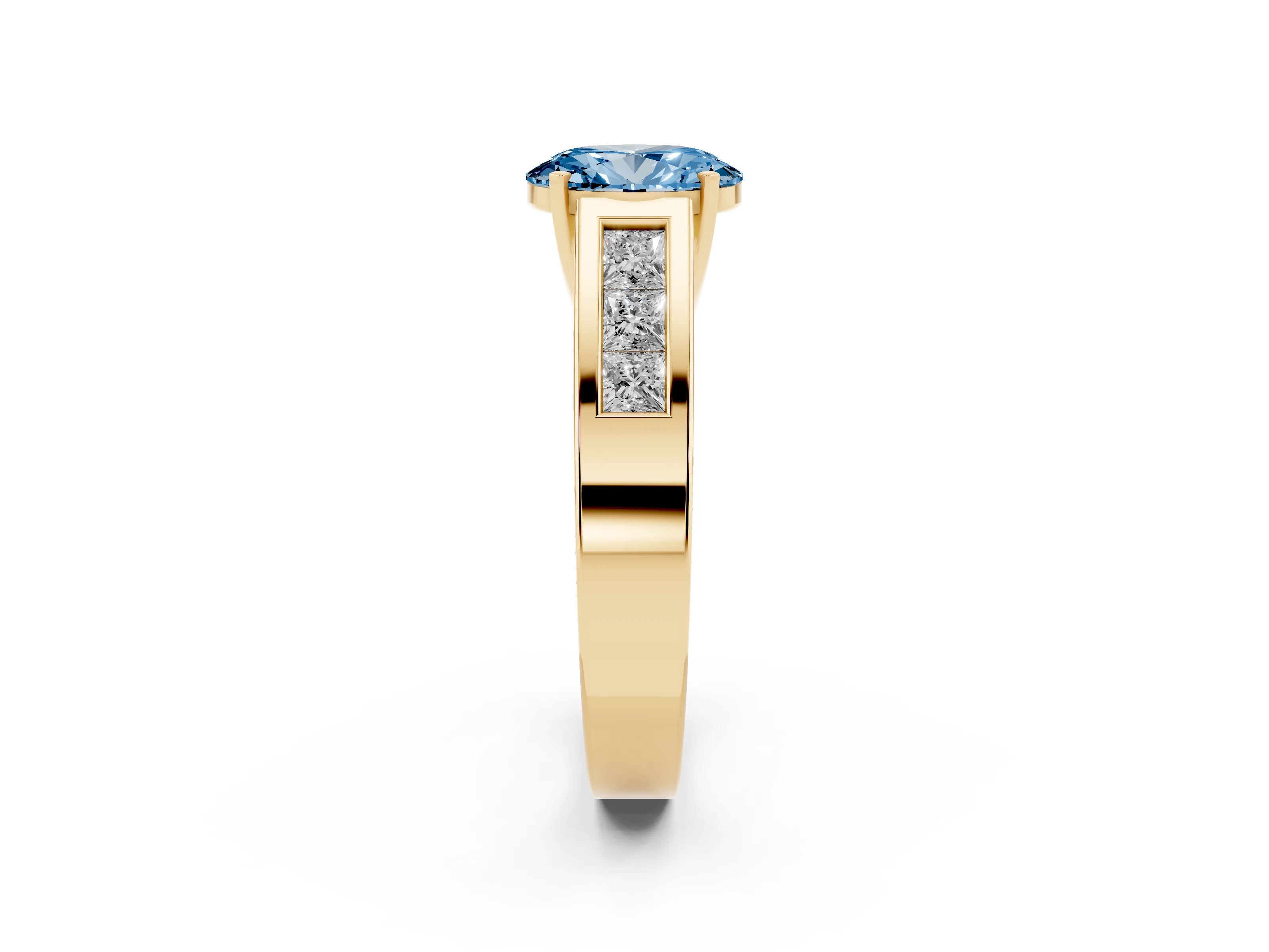 Fancy Blue Oval Cut Diamond Solitaire Ring Set in Yellow gold with Channel-Set Accent Stones and Prong Setting
