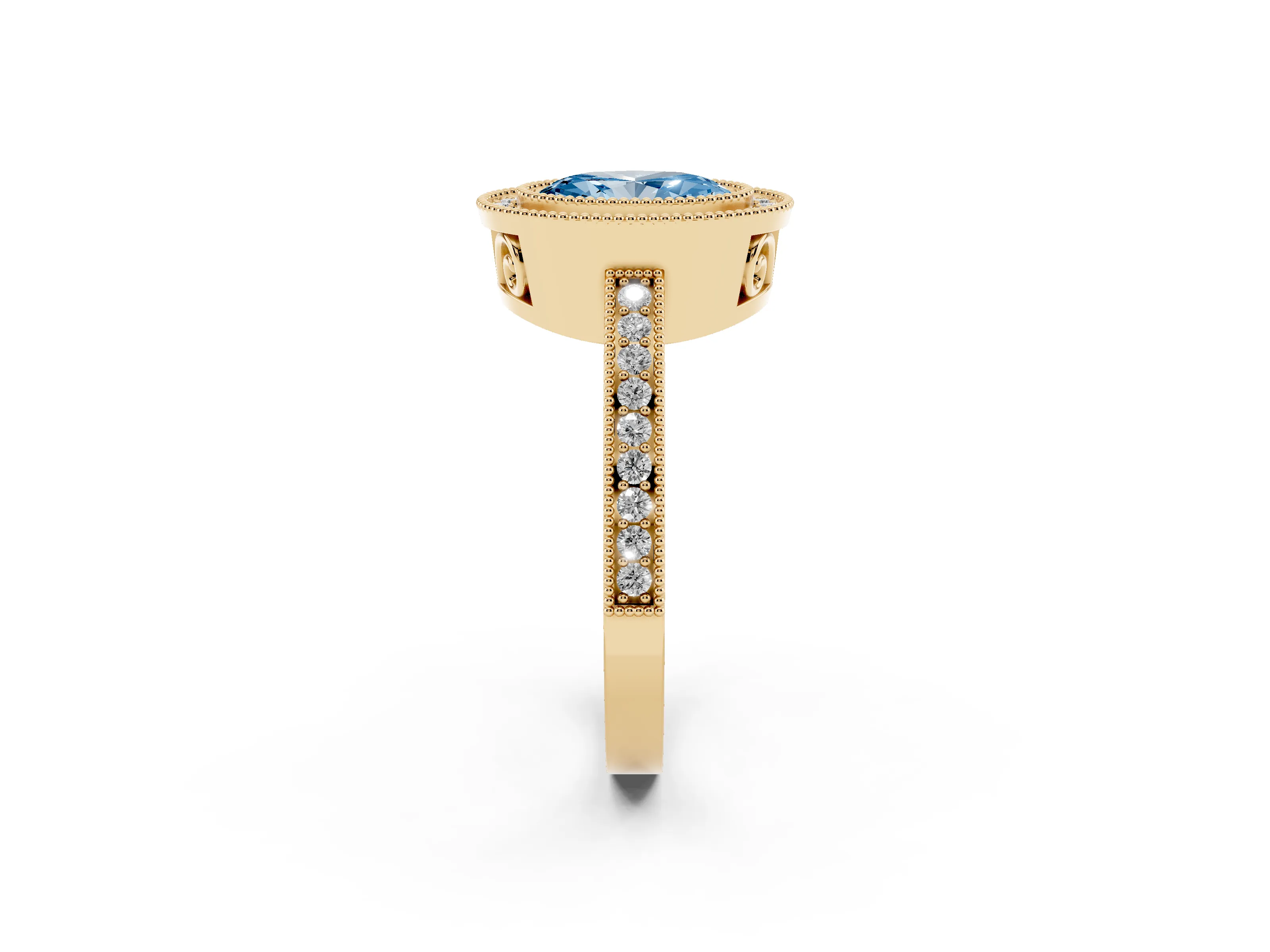 Fancy Blue Oval Cut Diamond Round Halo Ring Set in Yellow gold with Pavé Band