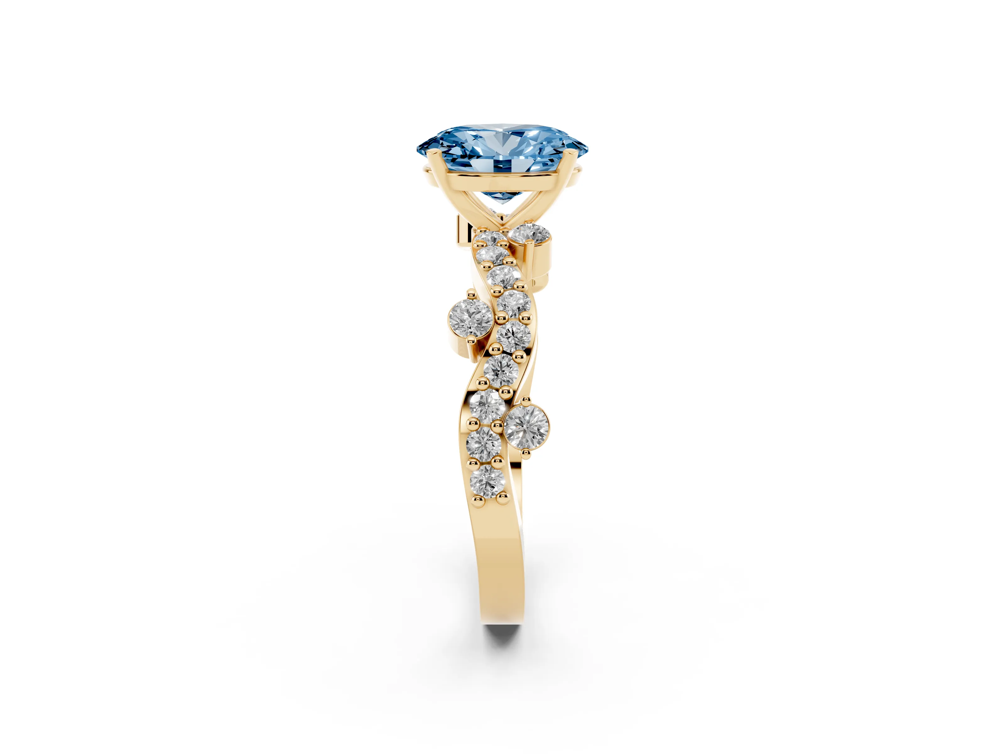 Fancy Blue Oval Cut Diamond Solitaire Twisted Band Set in Yellow gold with Pavé Setting