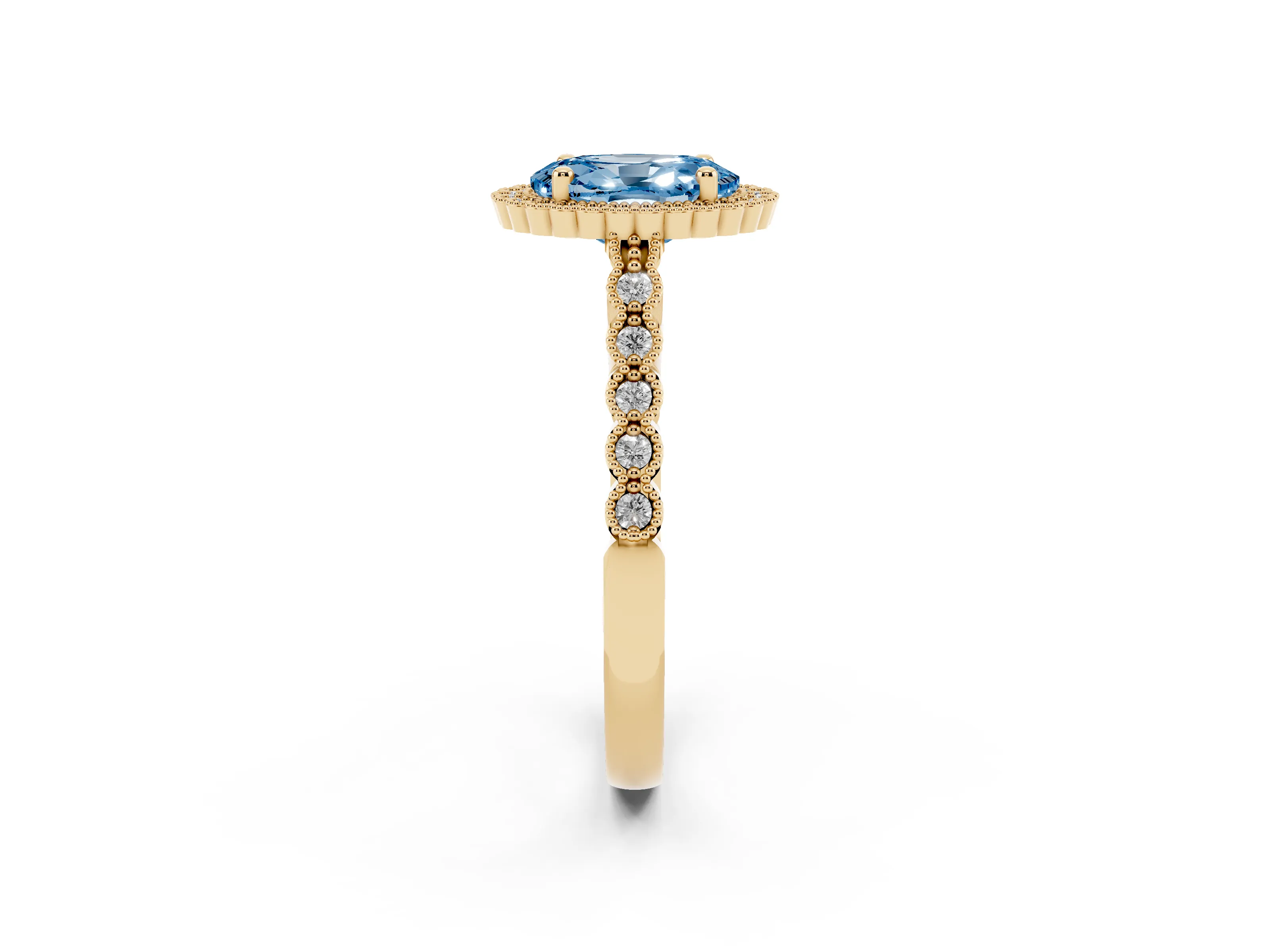 Fancy Blue Oval Cut Diamond Halo Ring Set in Yellow gold with Pavé Milgrain Band