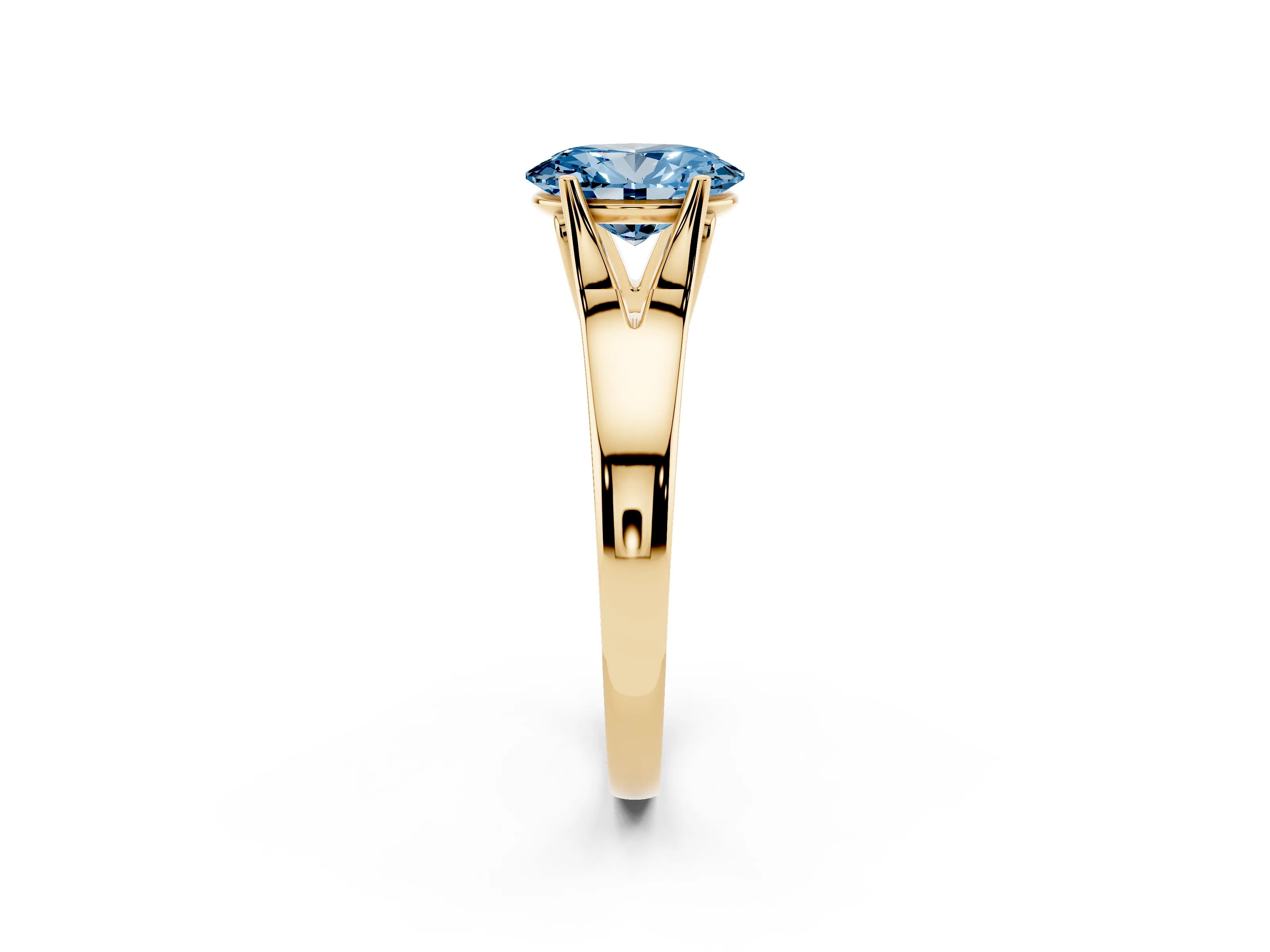 Fancy Blue Oval Cut Diamond Solitaire Ring Set in Yellow gold with Arched Cathedral Band and Prong Setting